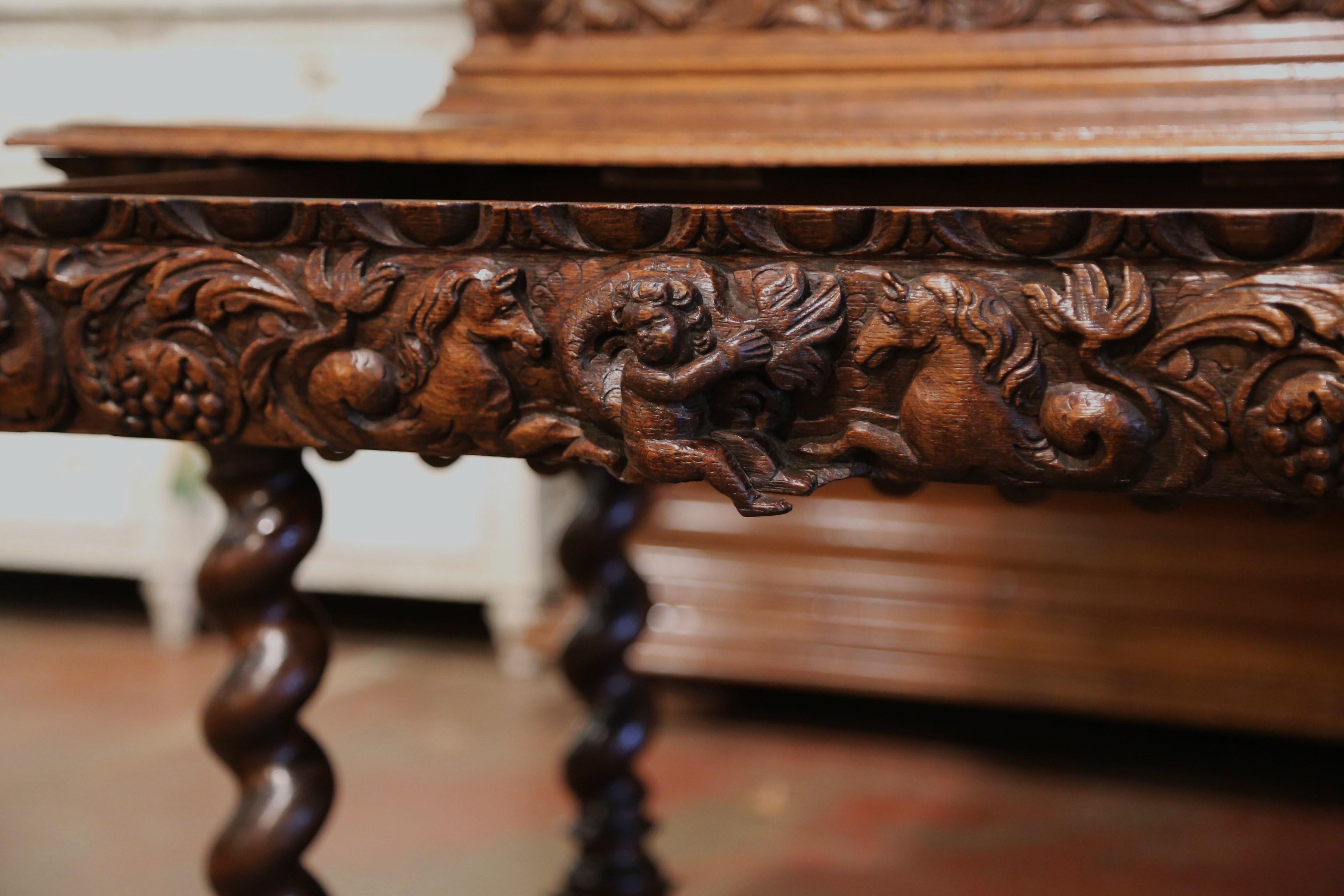 Mid-19th Century French Louis XIII Heavily Carved Oak Secretary Bookcase Desk For Sale 9