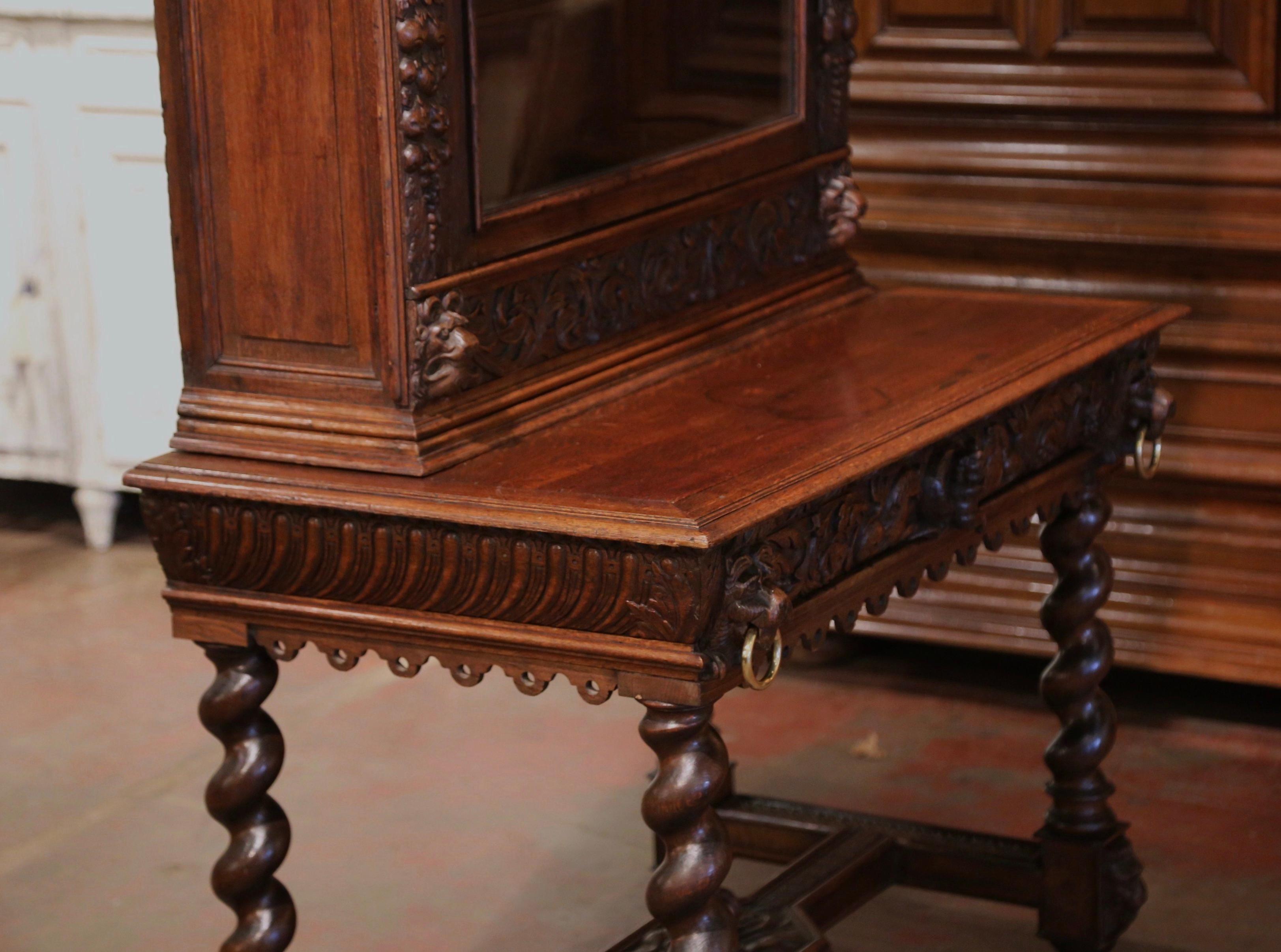 Mid-19th Century French Louis XIII Heavily Carved Oak Secretary Bookcase Desk For Sale 11