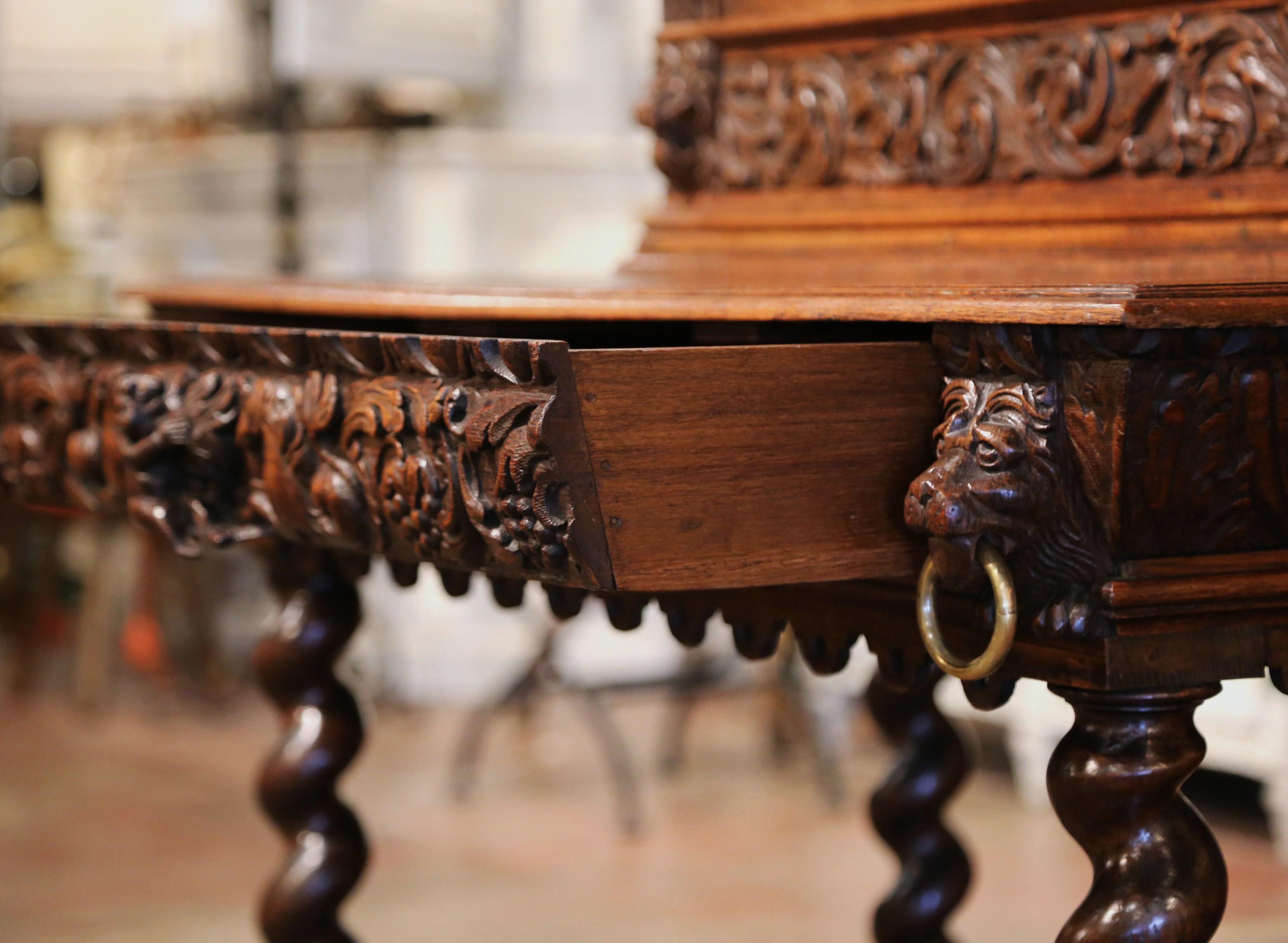 Mid-19th Century French Louis XIII Heavily Carved Oak Secretary Bookcase Desk For Sale 12