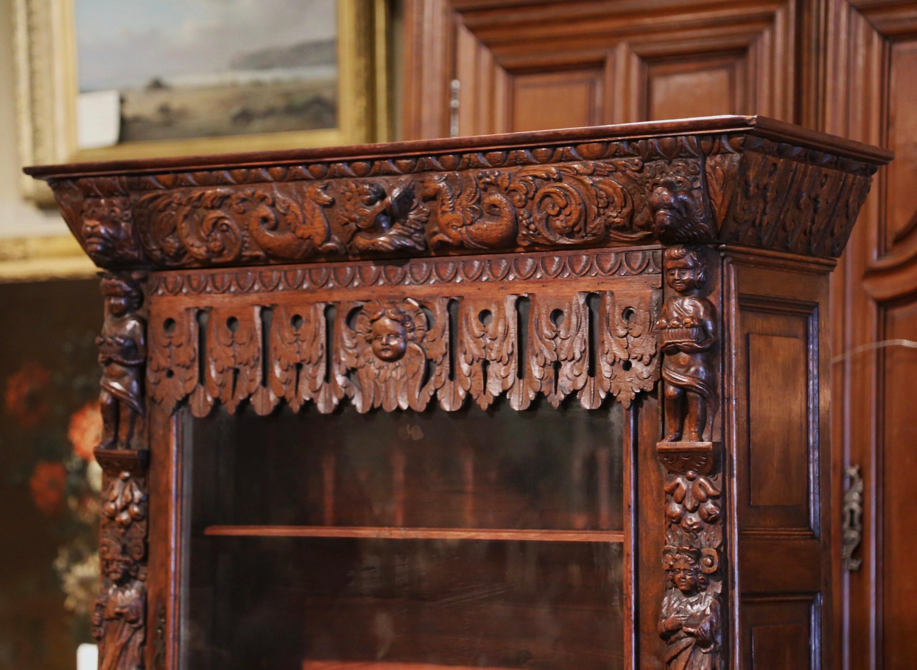 Mid-19th Century French Louis XIII Heavily Carved Oak Secretary Bookcase Desk For Sale 2