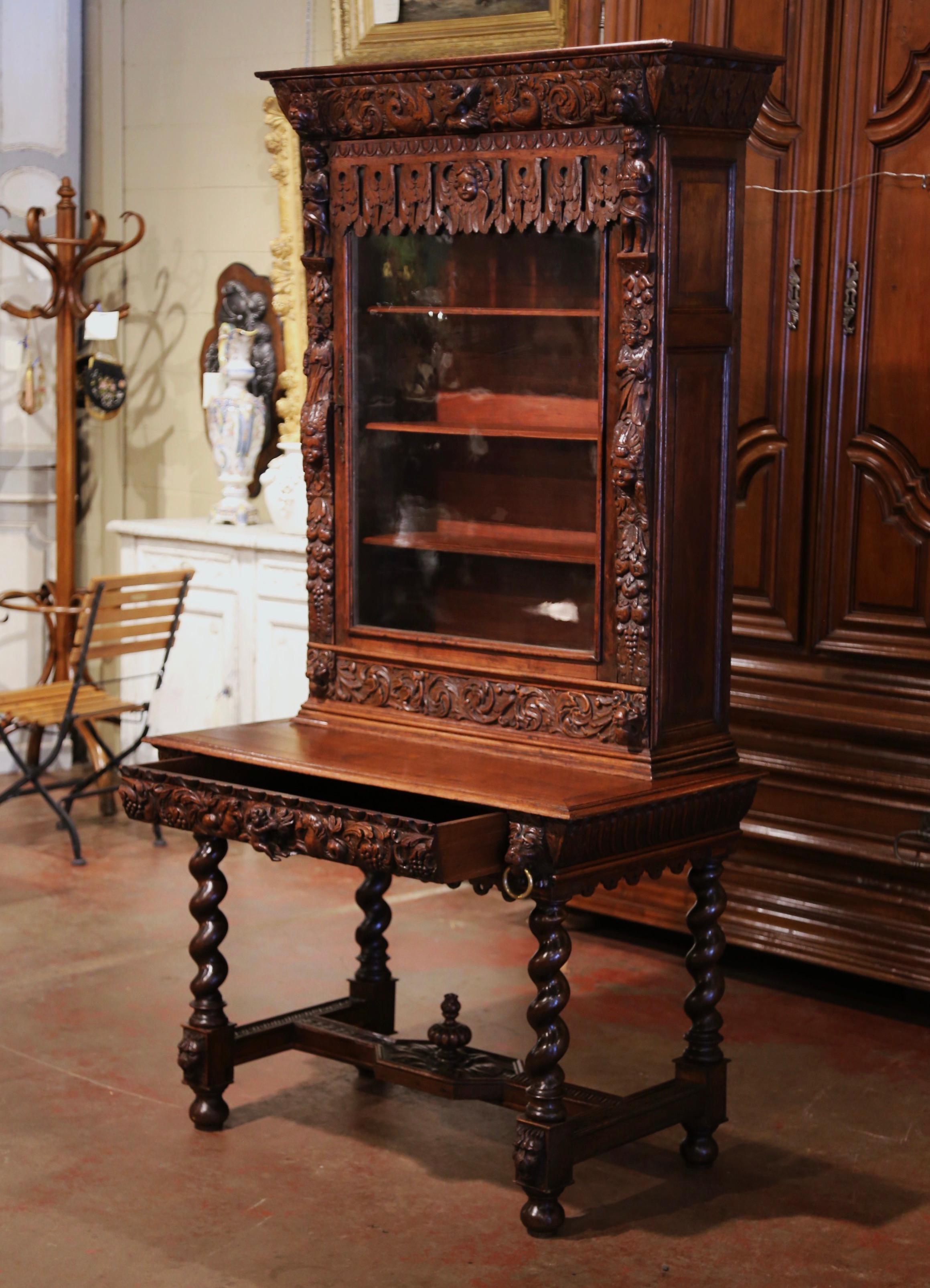 Mid-19th Century French Louis XIII Heavily Carved Oak Secretary Bookcase Desk For Sale 4