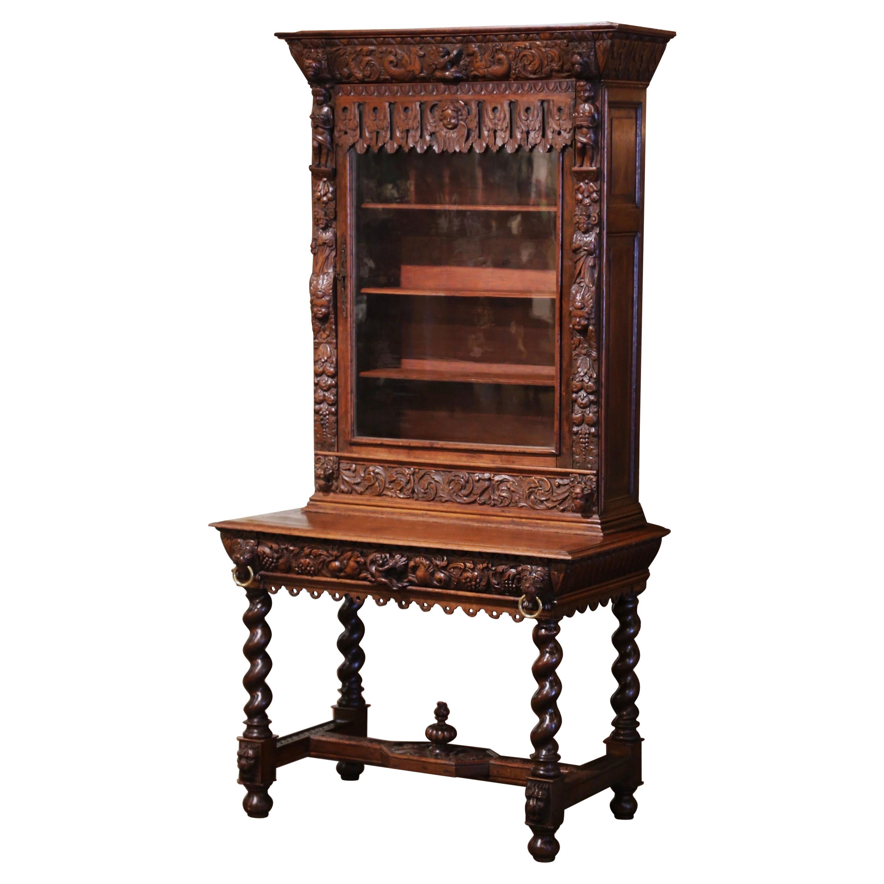 Mid-19th Century French Louis XIII Heavily Carved Oak Secretary Bookcase Desk