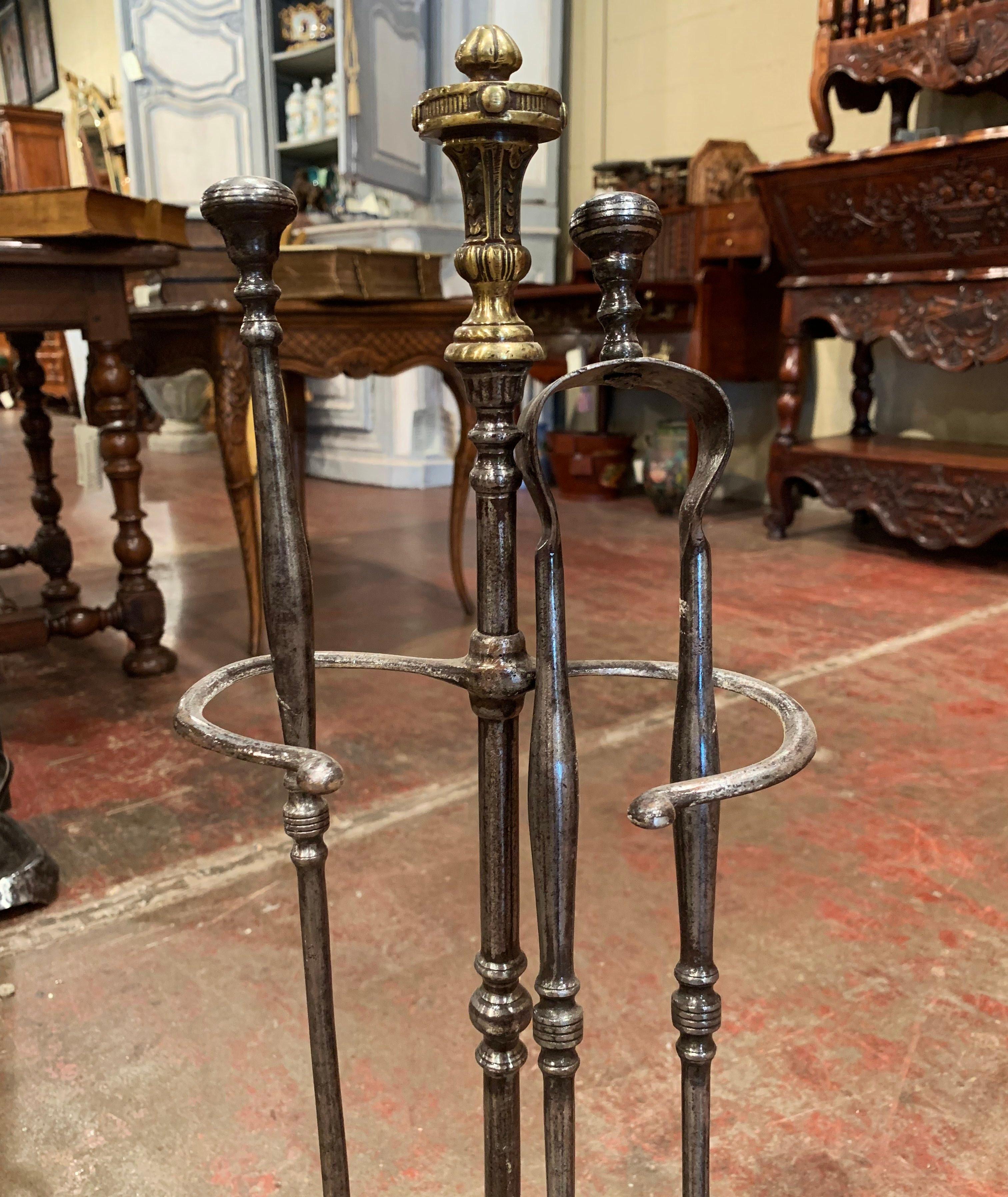 Hand-Crafted Mid-19th Century French Louis XIV Polished Iron Fireplace Tool Set with Stand