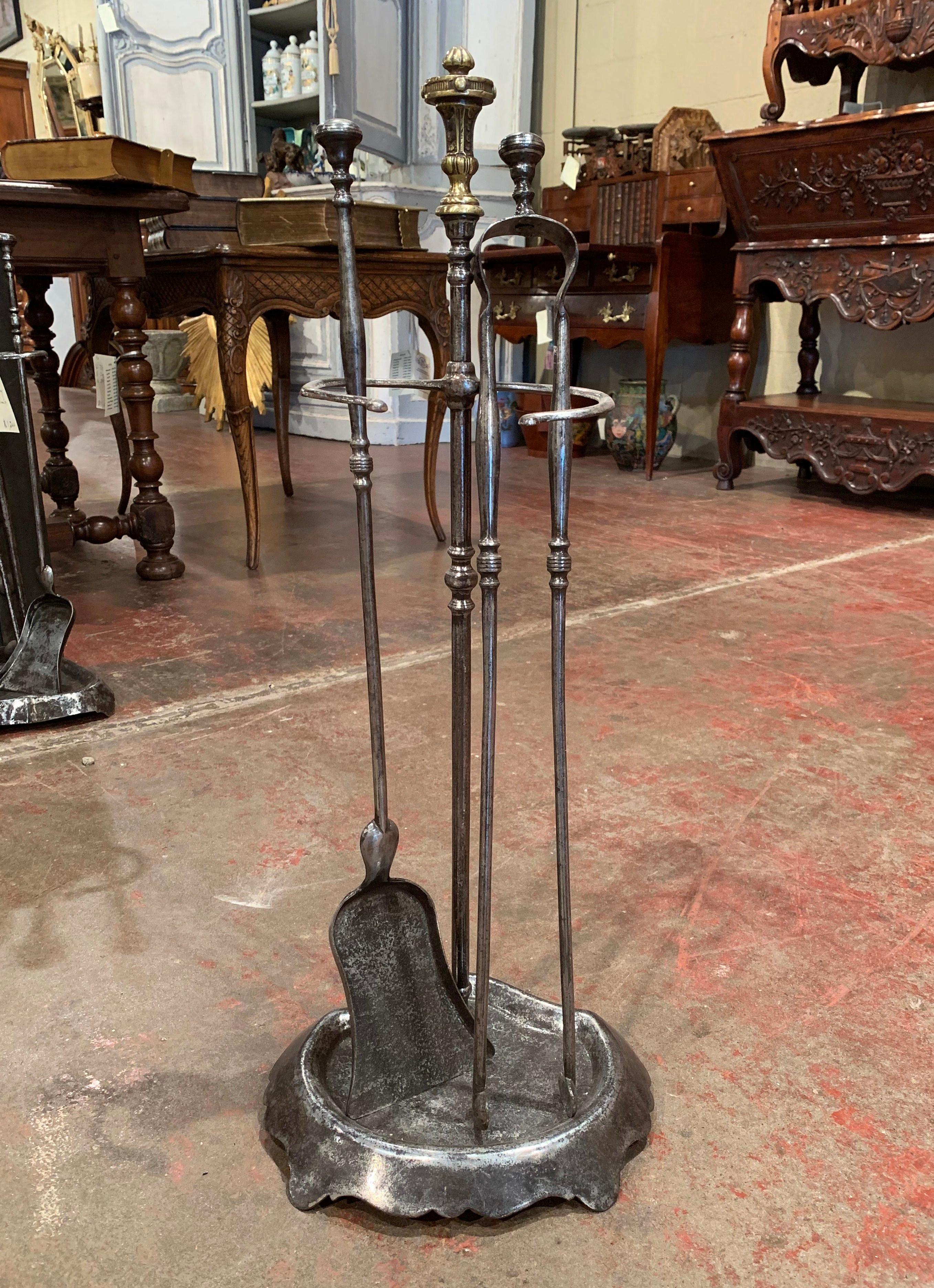 Mid-19th Century French Louis XIV Polished Iron Fireplace Tool Set with Stand In Excellent Condition In Dallas, TX