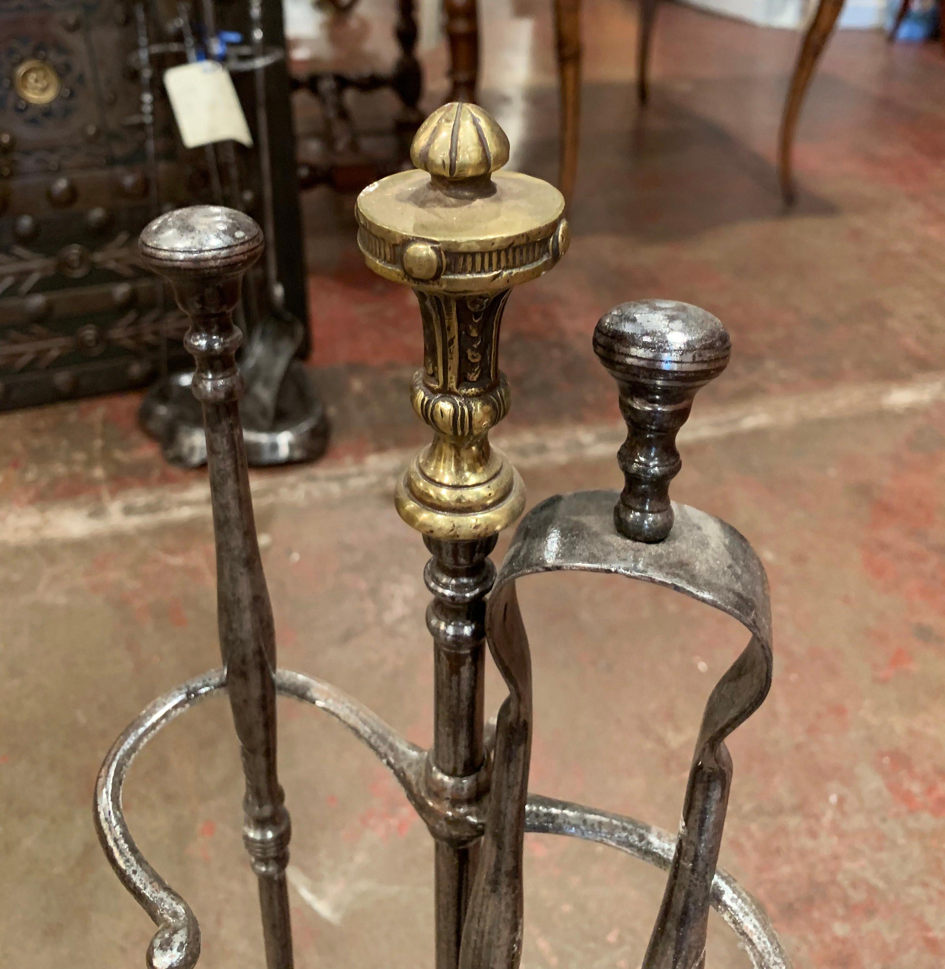 Bronze Mid-19th Century French Louis XIV Polished Iron Fireplace Tool Set with Stand