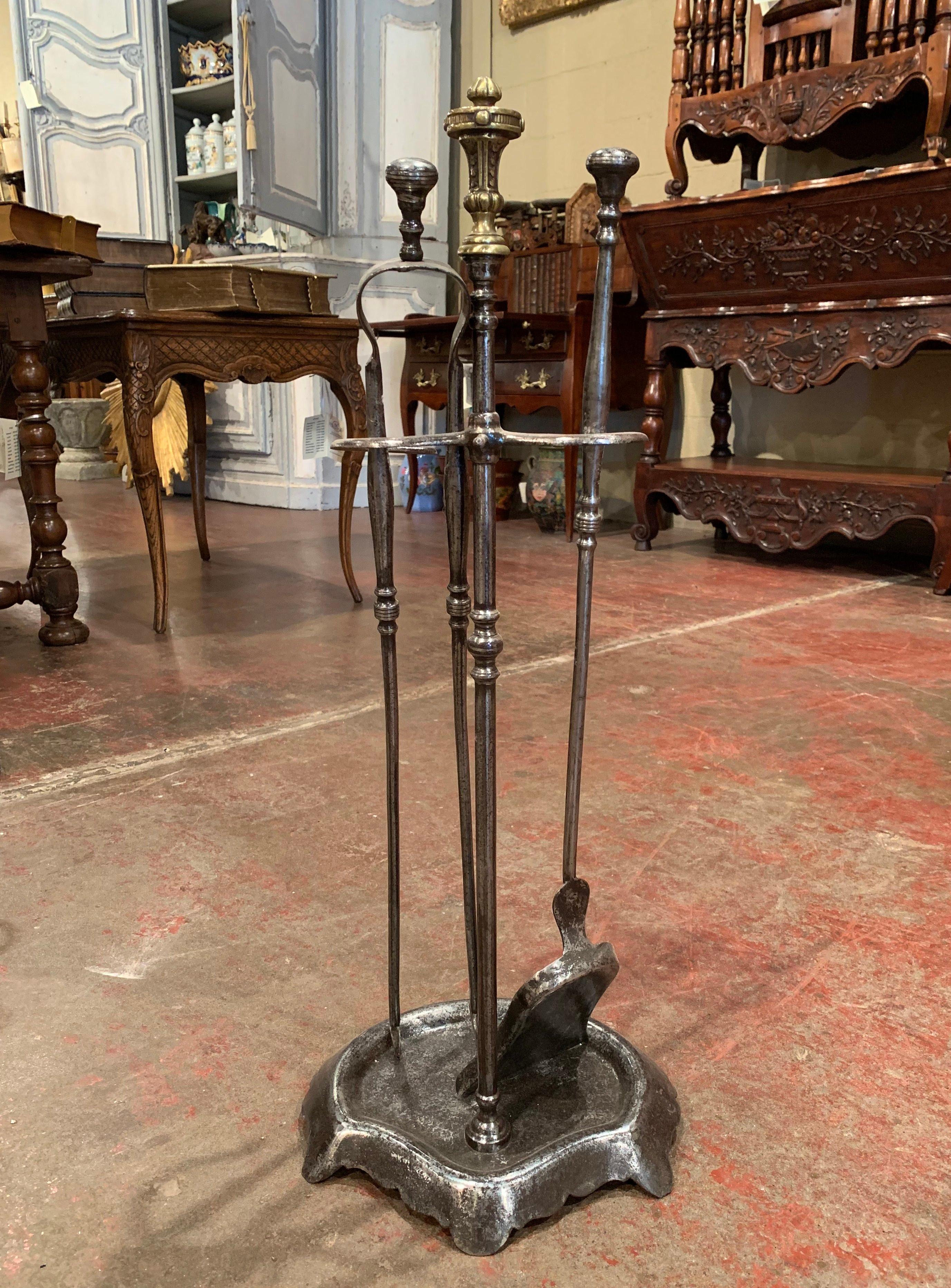 Mid-19th Century French Louis XIV Polished Iron Fireplace Tool Set with Stand 1