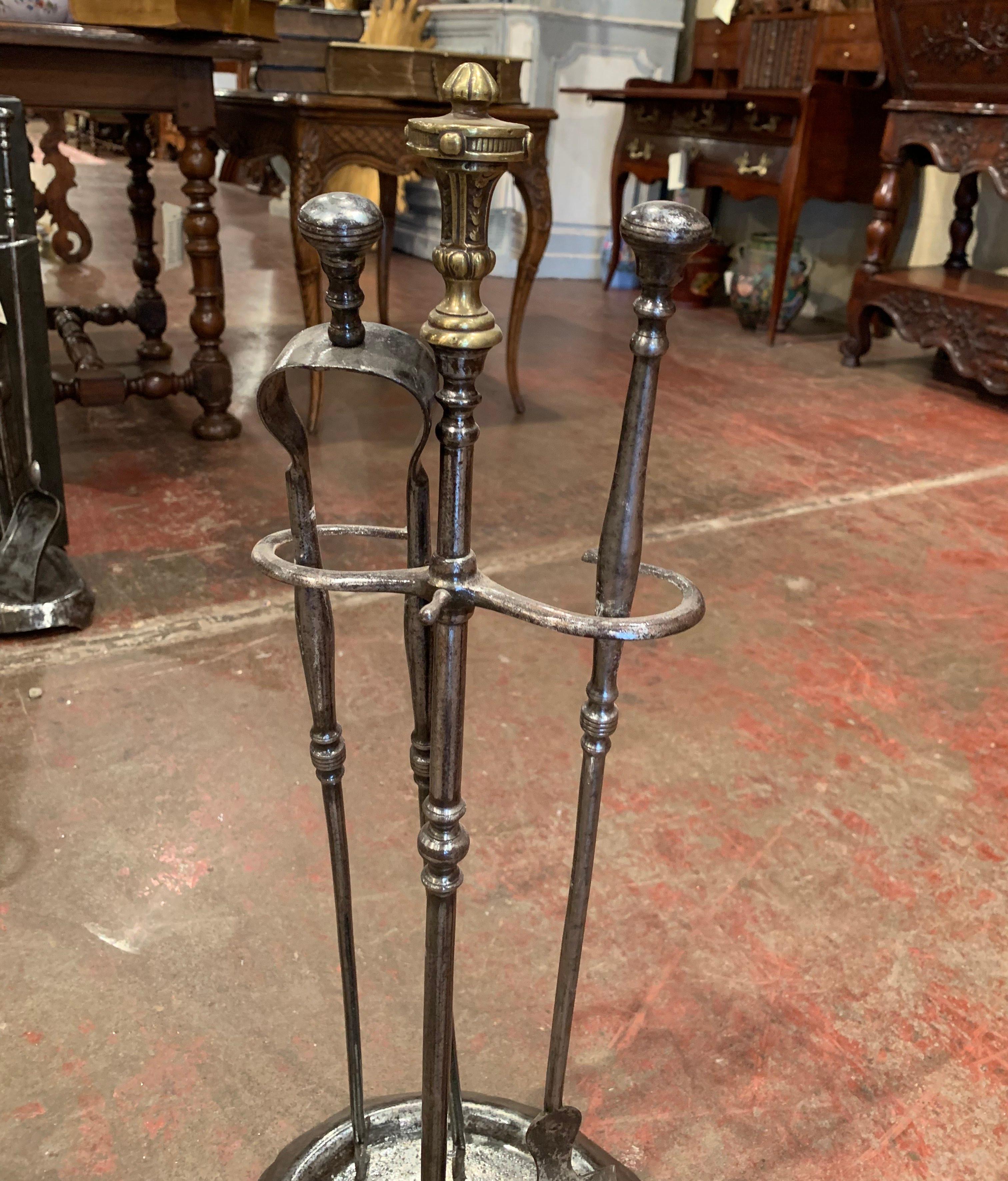 Mid-19th Century French Louis XIV Polished Iron Fireplace Tool Set with Stand 3