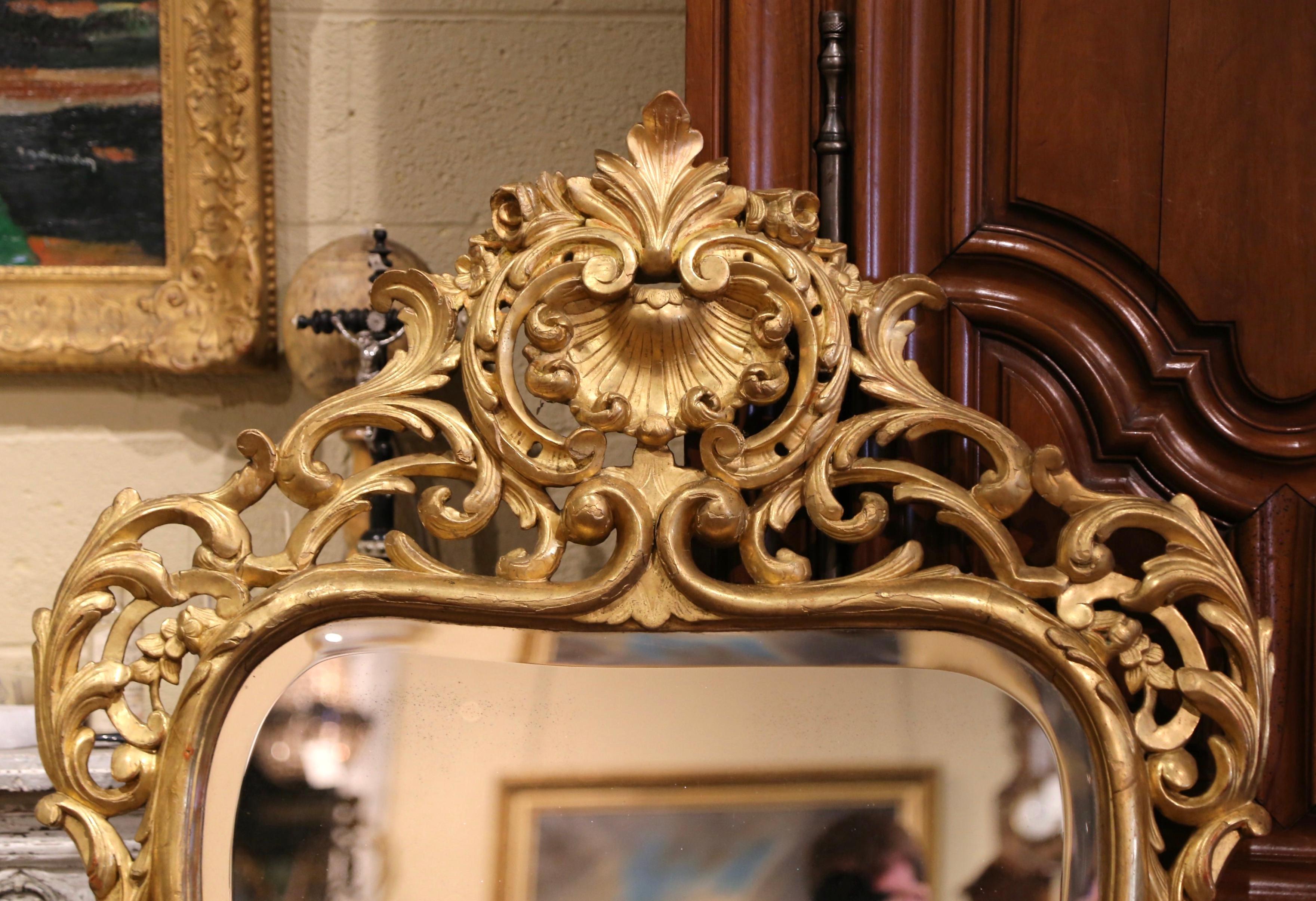 Patinated Mid-19th Century French Louis XV Carved Giltwood Wall Mirror from Provence