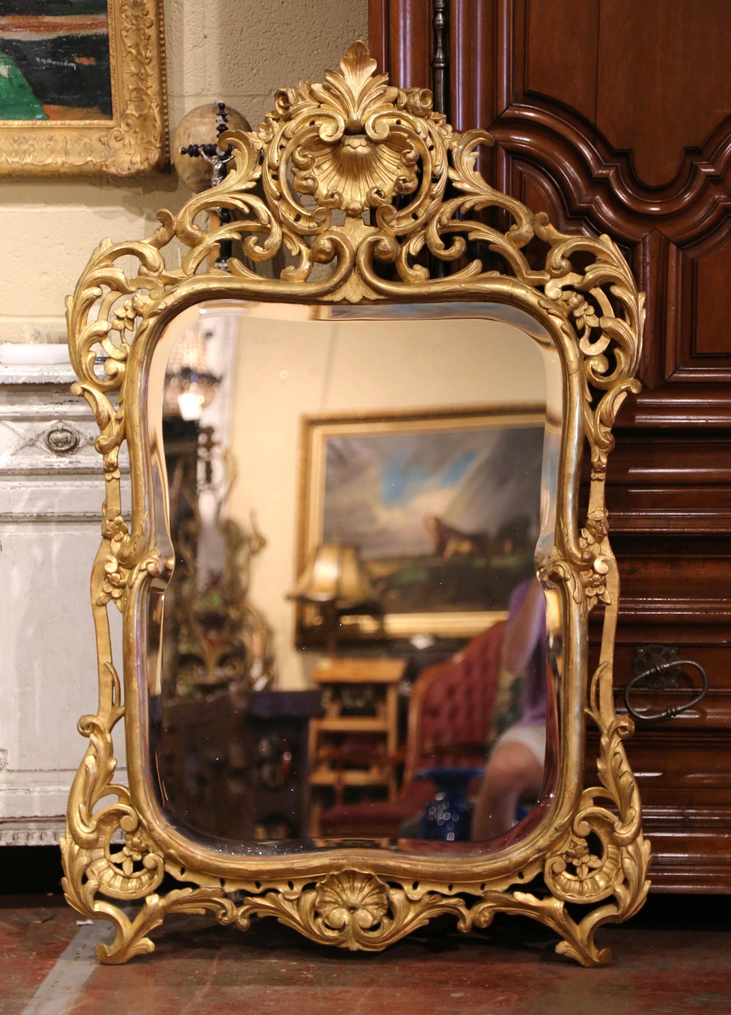Mercury Glass Mid-19th Century French Louis XV Carved Giltwood Wall Mirror from Provence