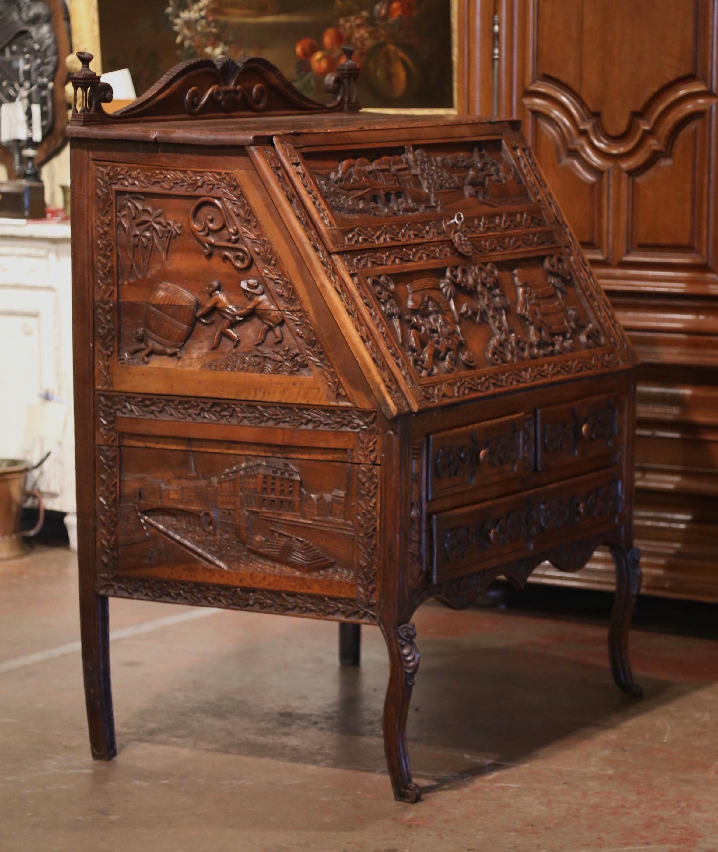 Mid-19th Century French Louis XV Heavily Carved Oak Desk Secretary For Sale 8