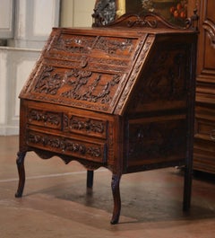 19th C. French Louis XV Carved Oak “Secrétaire à Abattant” with Tavern Scenes