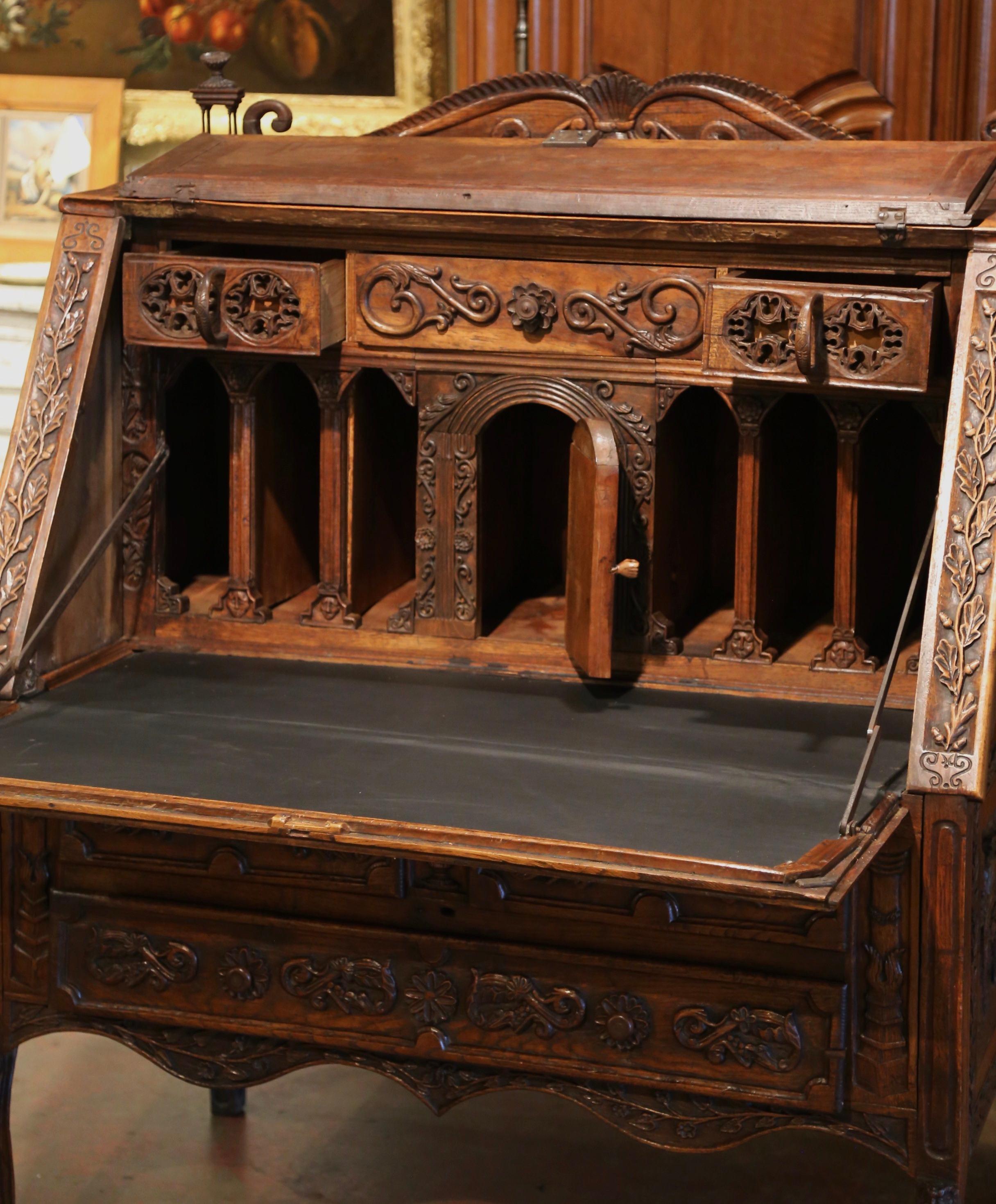 Hand-Carved Mid-19th Century French Louis XV Heavily Carved Oak Desk Secretary For Sale