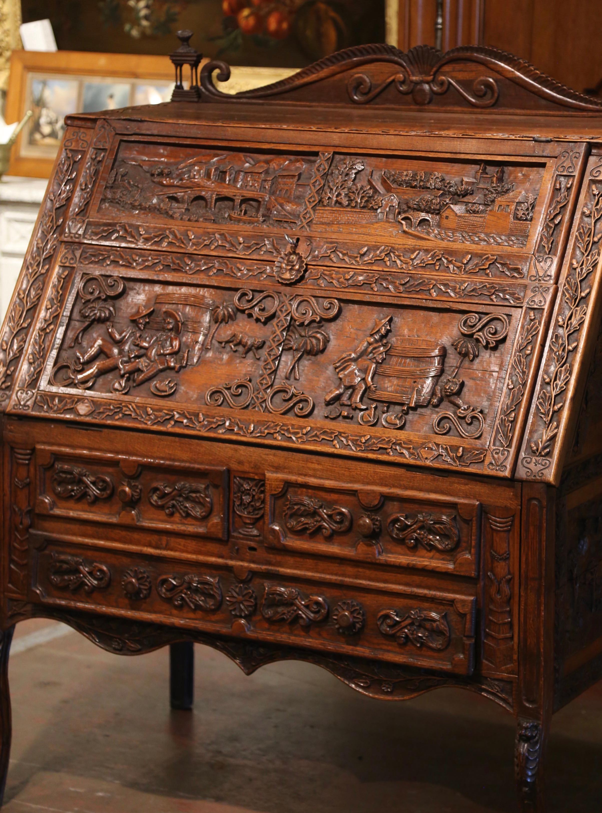 Leather Mid-19th Century French Louis XV Heavily Carved Oak Desk Secretary For Sale