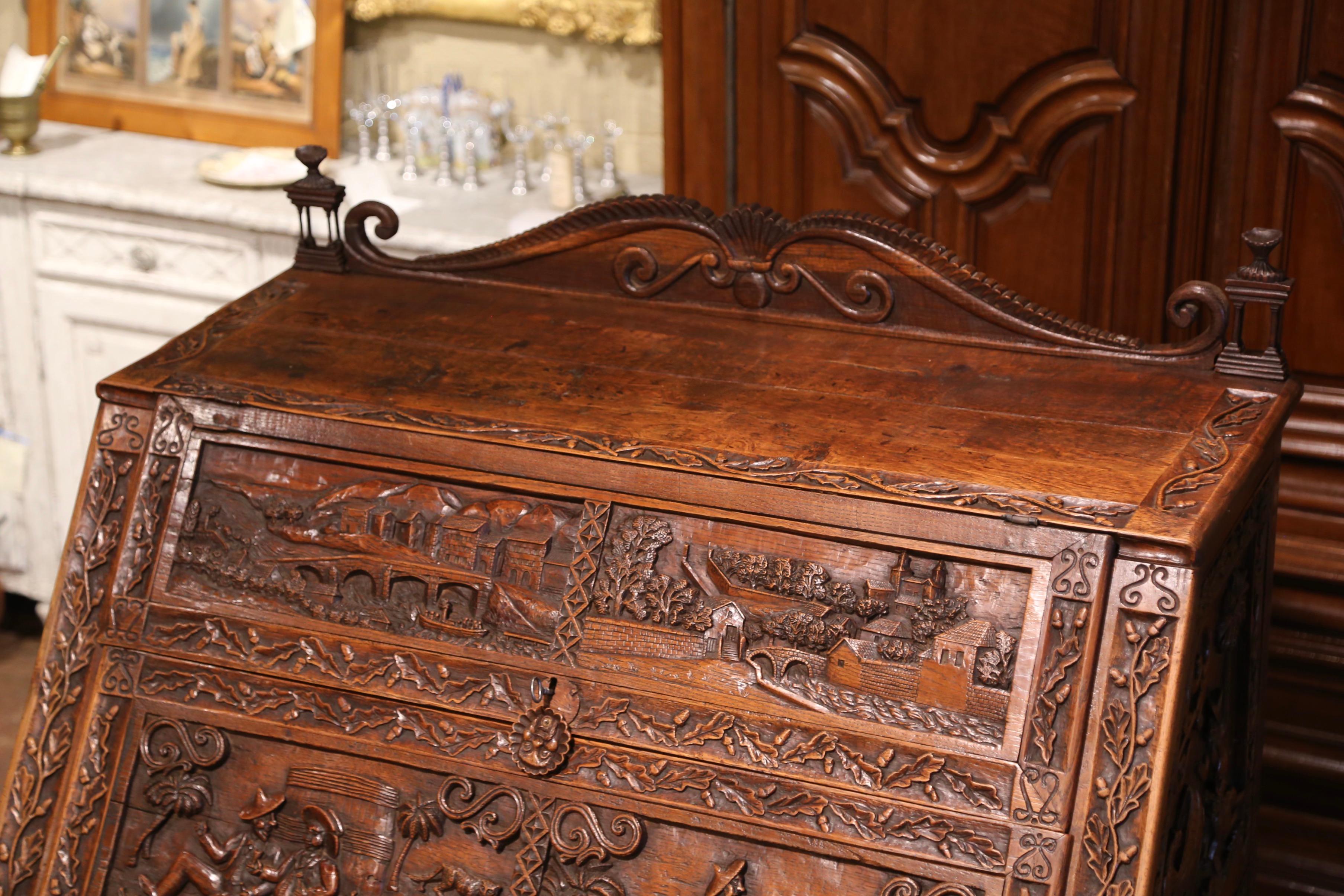 Mid-19th Century French Louis XV Heavily Carved Oak Desk Secretary For Sale 1