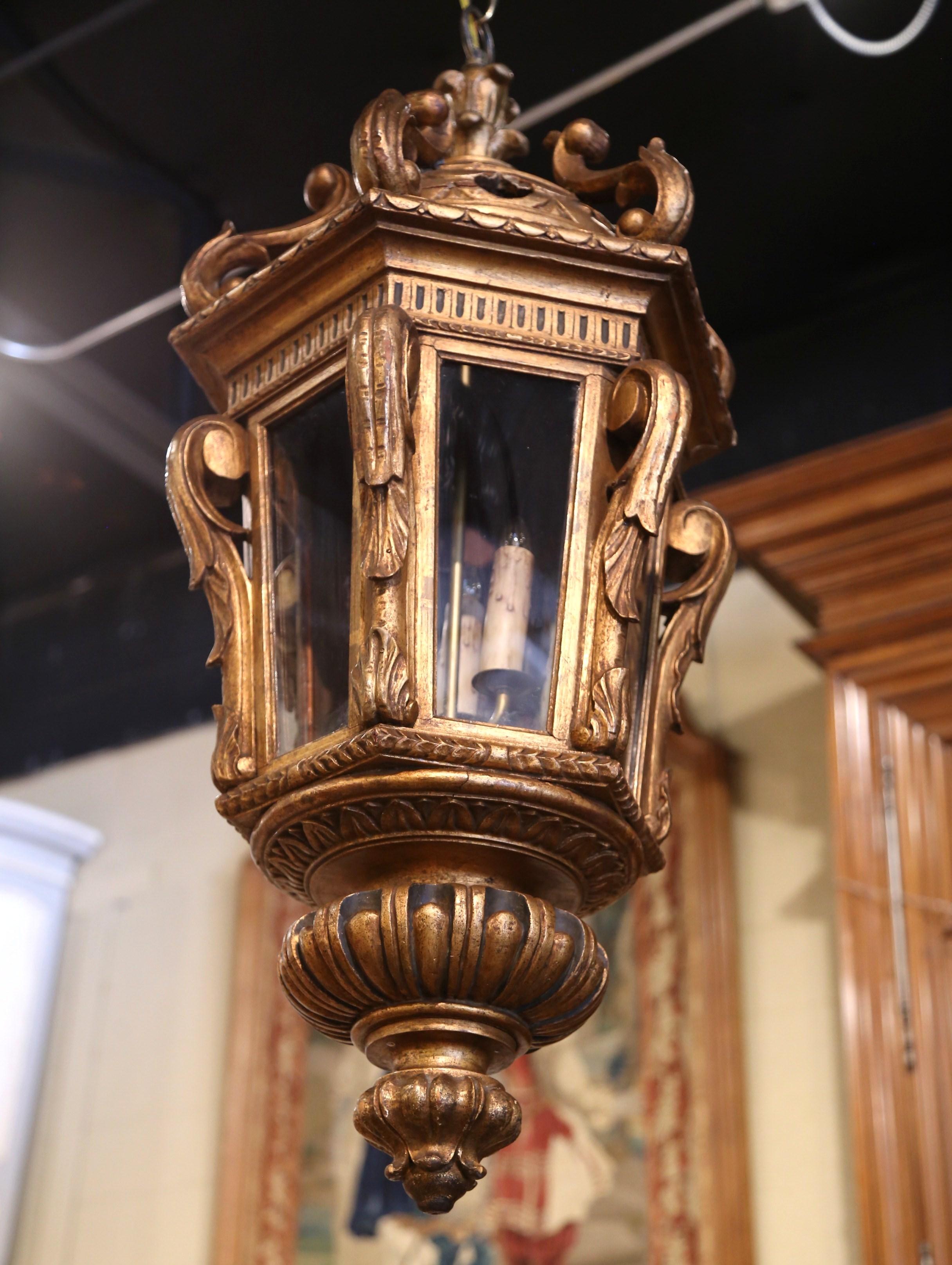 Mid-19th Century French Louis XV Rococo Carved Giltwood Three-Light Lantern In Excellent Condition For Sale In Dallas, TX