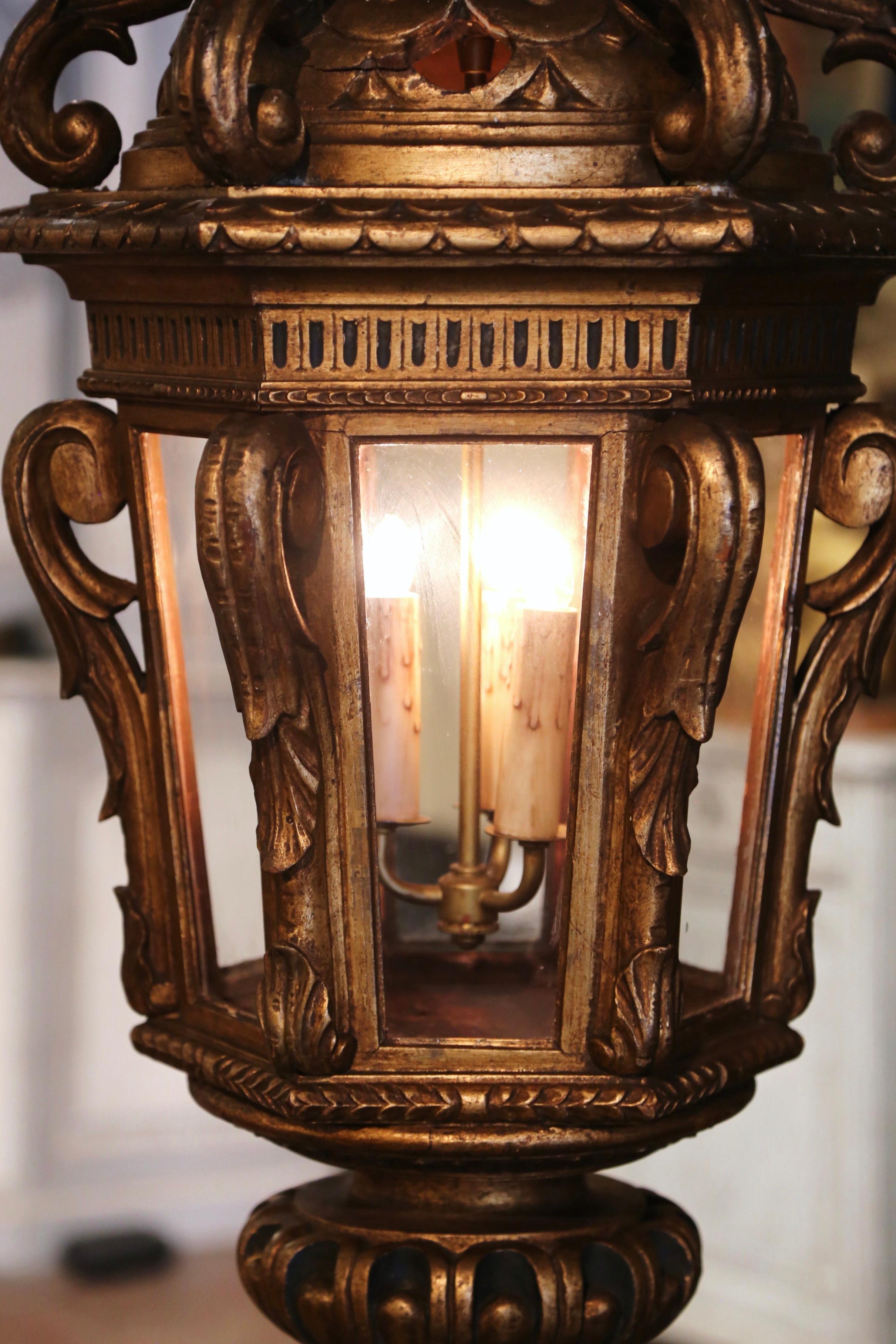 Mid-19th Century French Louis XV Rococo Carved Giltwood Three-Light Lantern For Sale 5