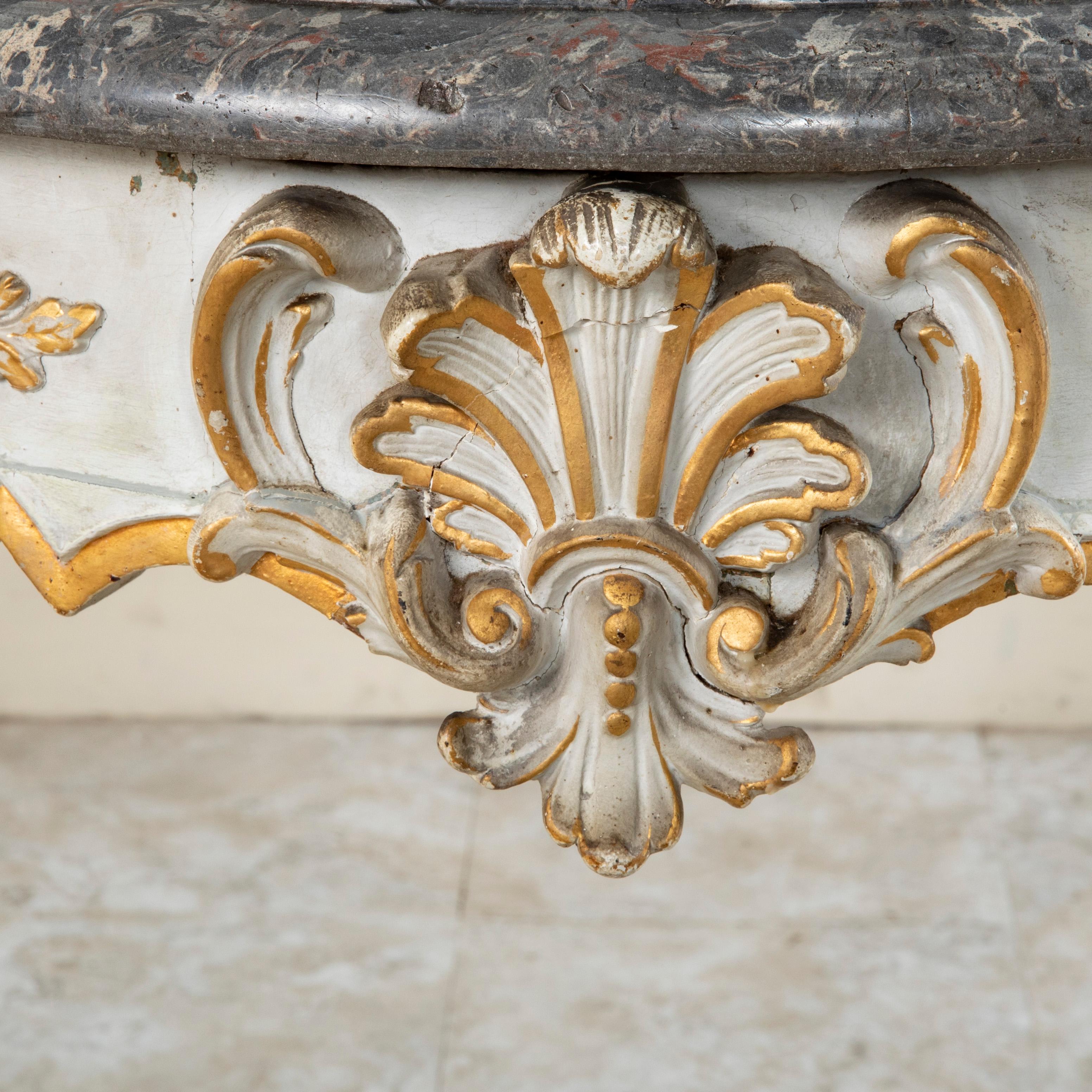 19th Century French Louis XV Style Painted Hand-Carved Console Marble Top For Sale 7