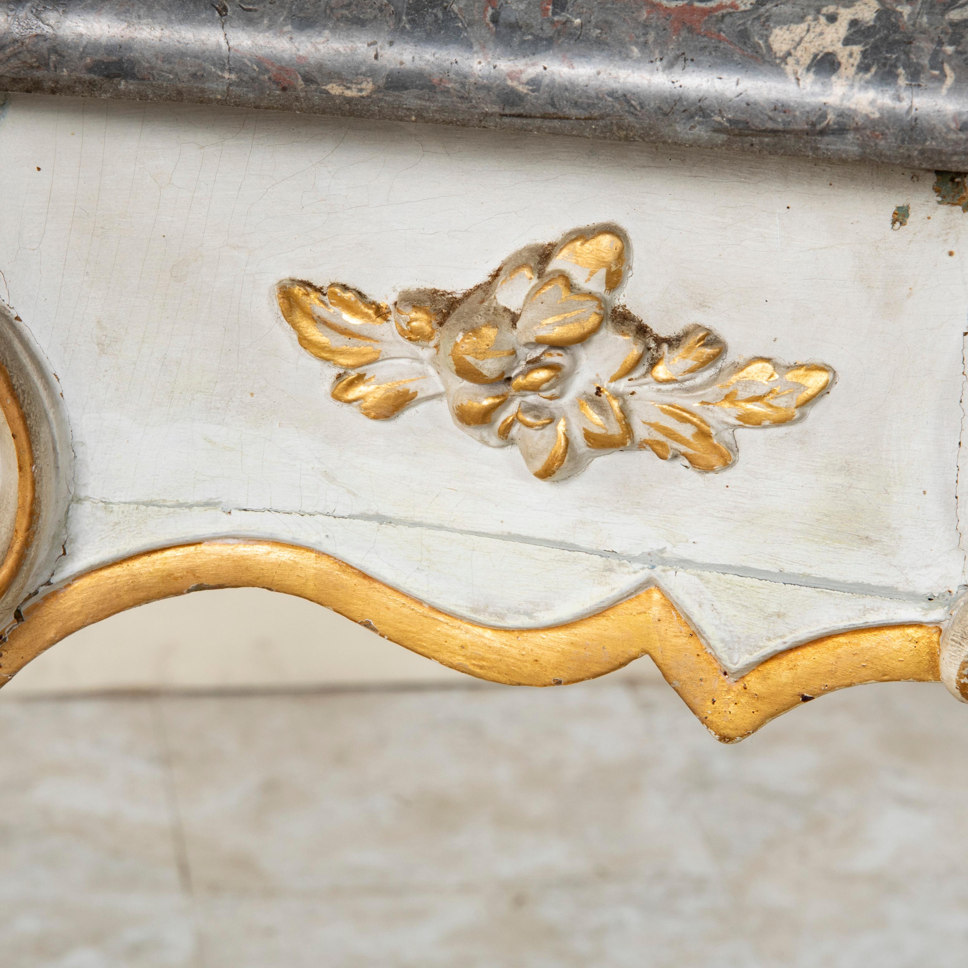 19th Century French Louis XV Style Painted Hand-Carved Console Marble Top For Sale 8