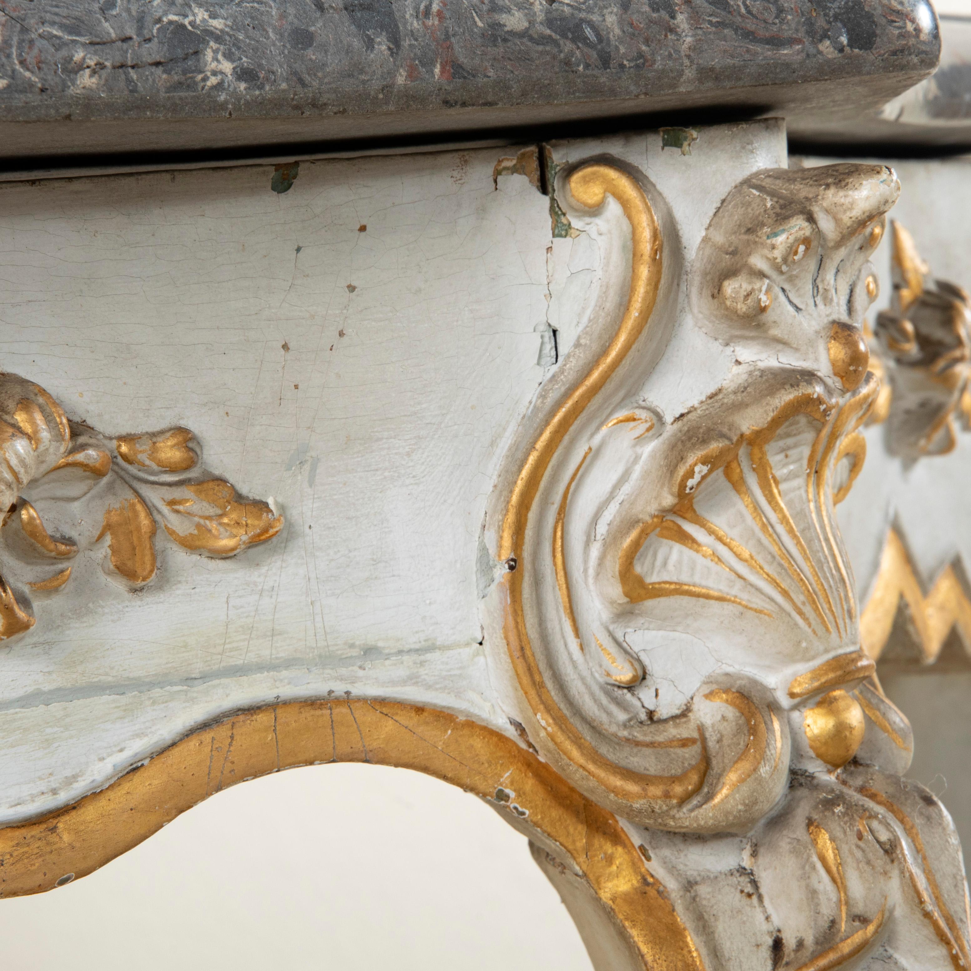 19th Century French Louis XV Style Painted Hand-Carved Console Marble Top For Sale 11