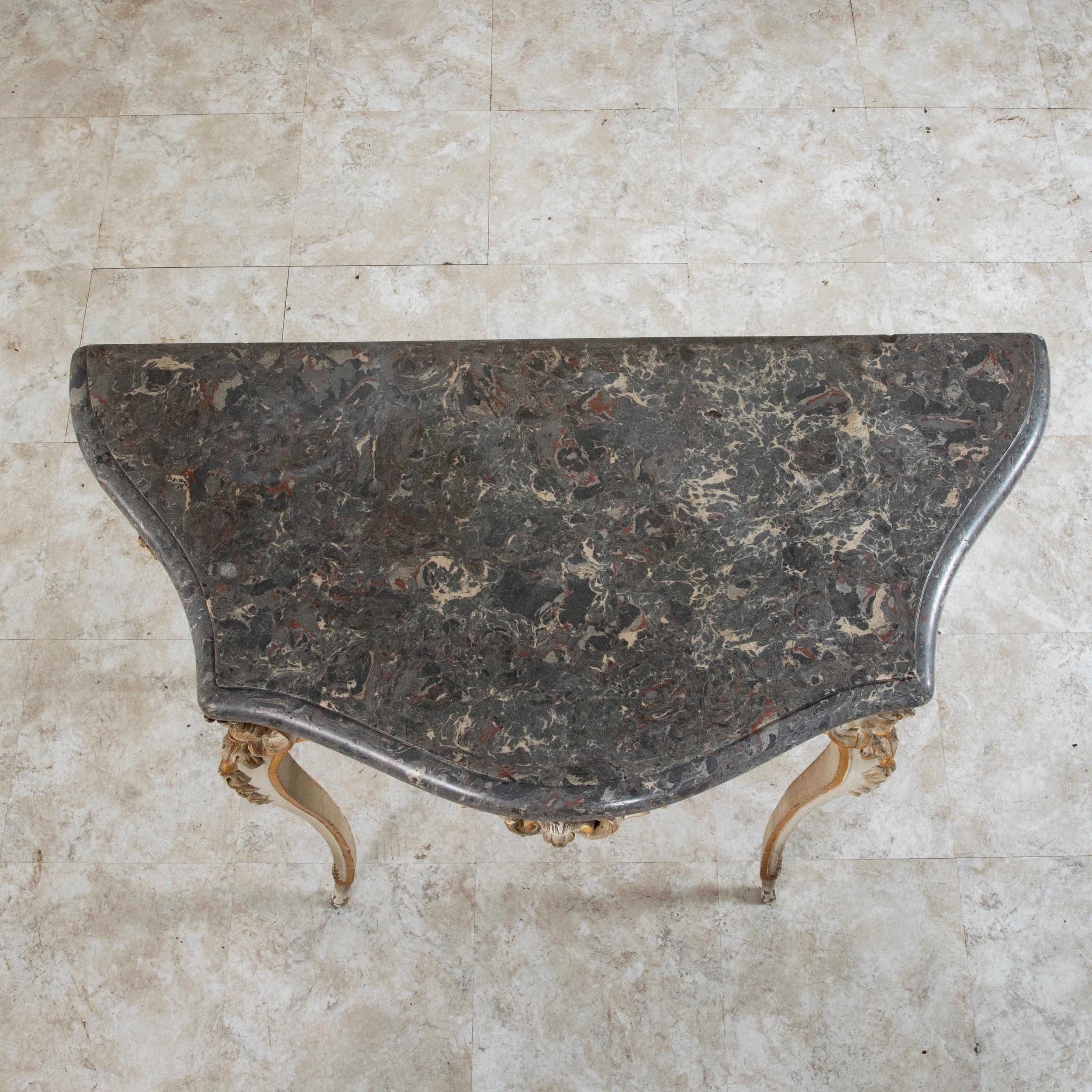 19th Century French Louis XV Style Painted Hand-Carved Console Marble Top For Sale 13