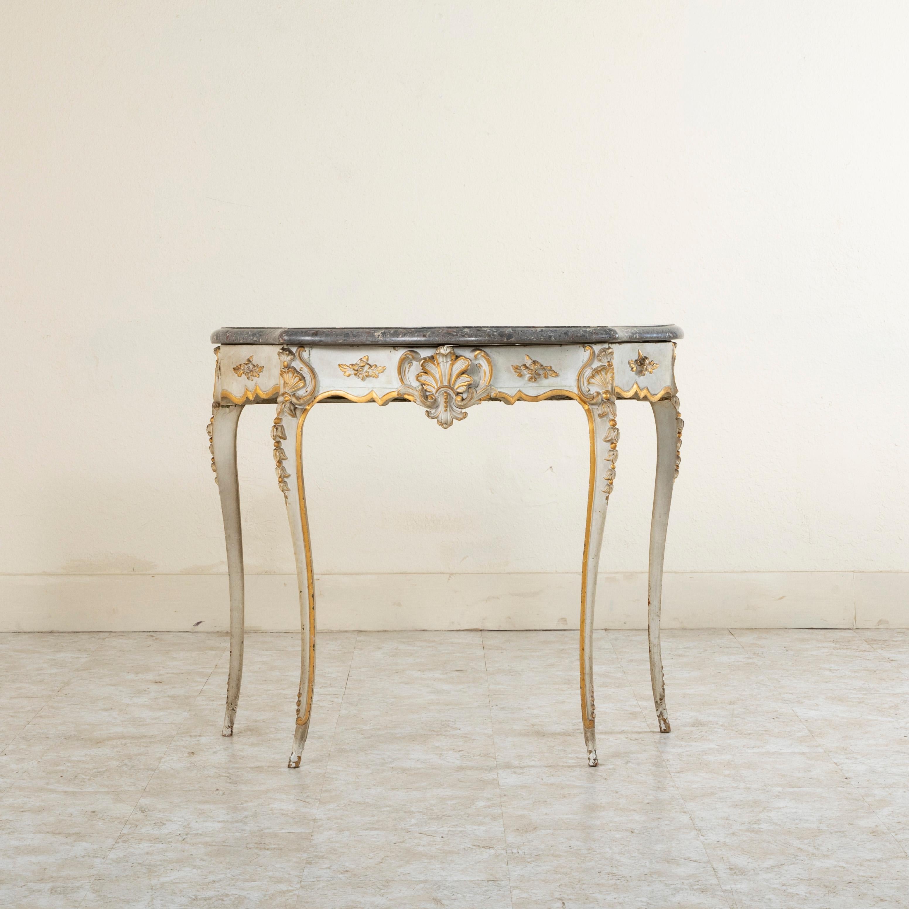 19th Century French Louis XV Style Painted Hand-Carved Console Marble Top In Good Condition For Sale In Fayetteville, AR
