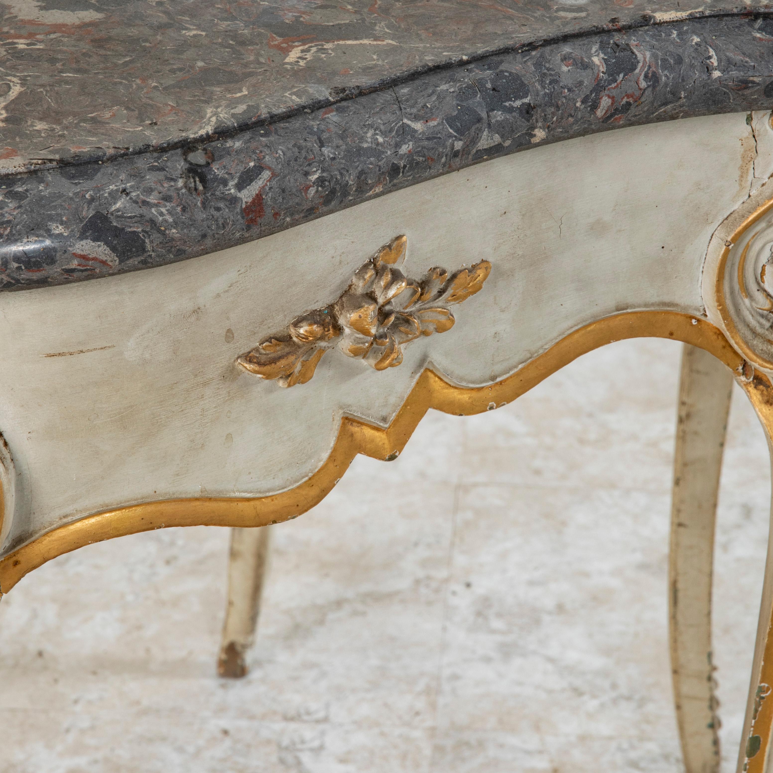 19th Century French Louis XV Style Painted Hand-Carved Console Marble Top For Sale 4