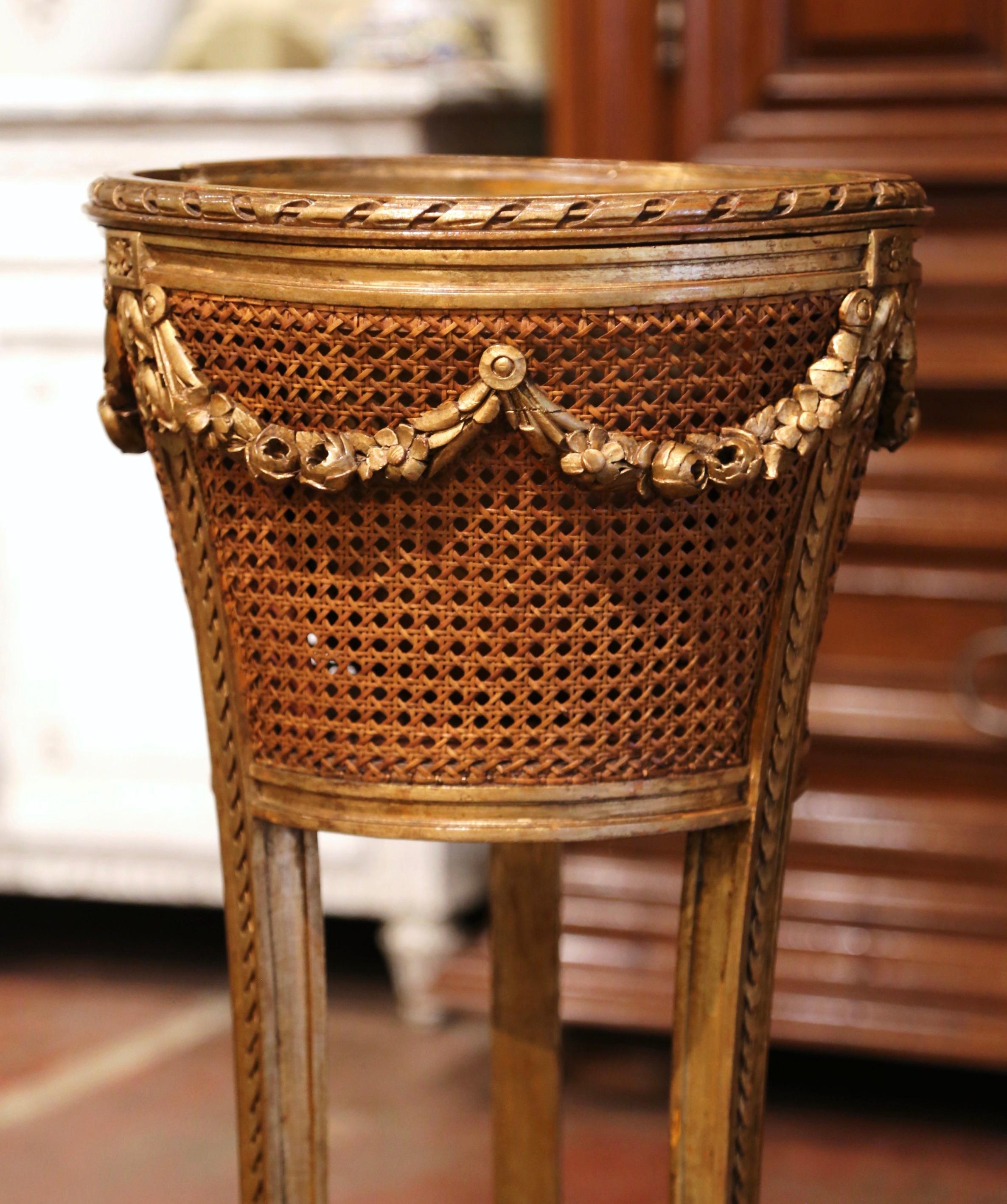 Hand-Carved Mid-19th Century French Louis XVI Carved Gilt Wood and Cane Plant Stand