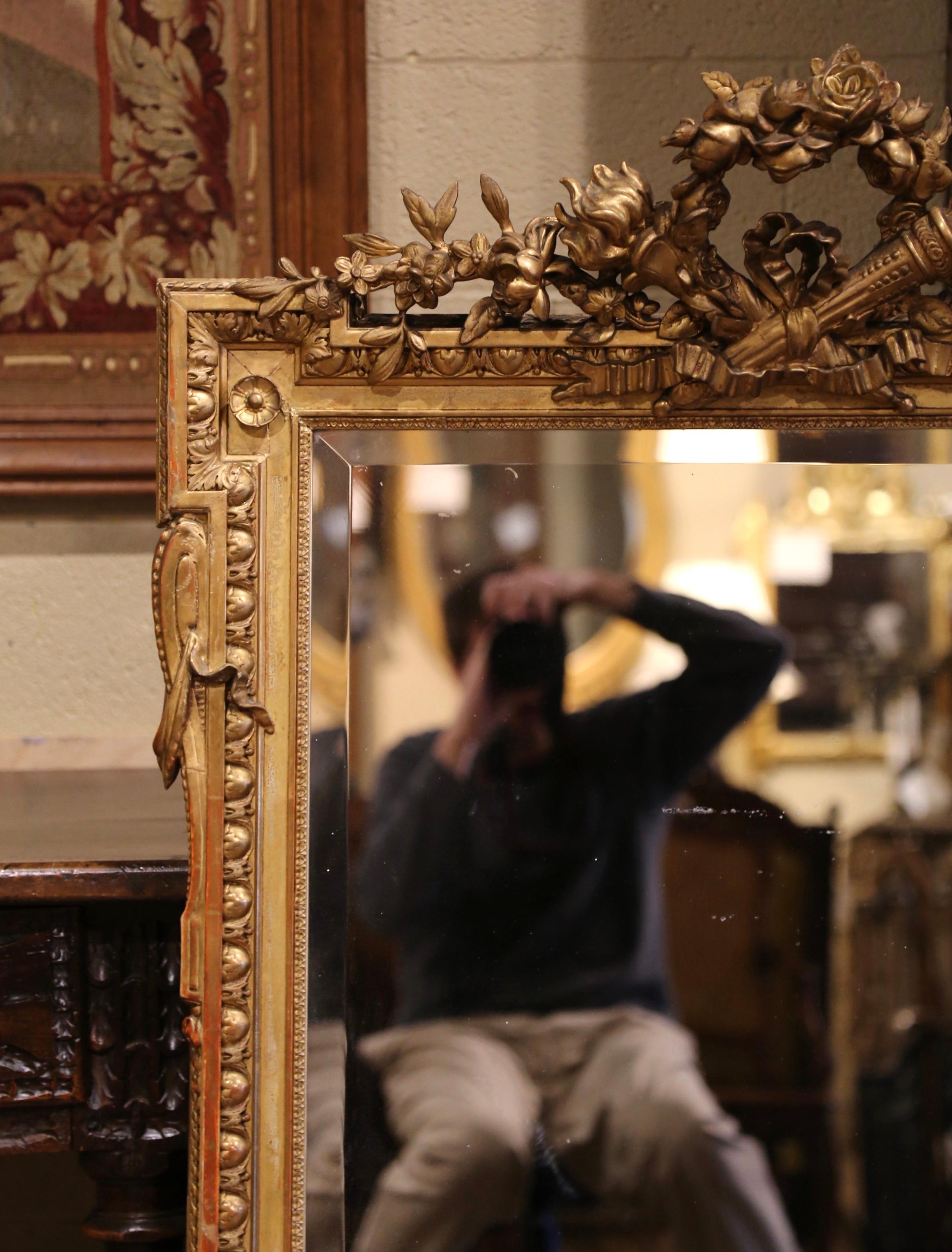 Mid-19th Century French Louis XVI Carved Giltwood Wall Mirror with Beveled Glass In Excellent Condition For Sale In Dallas, TX