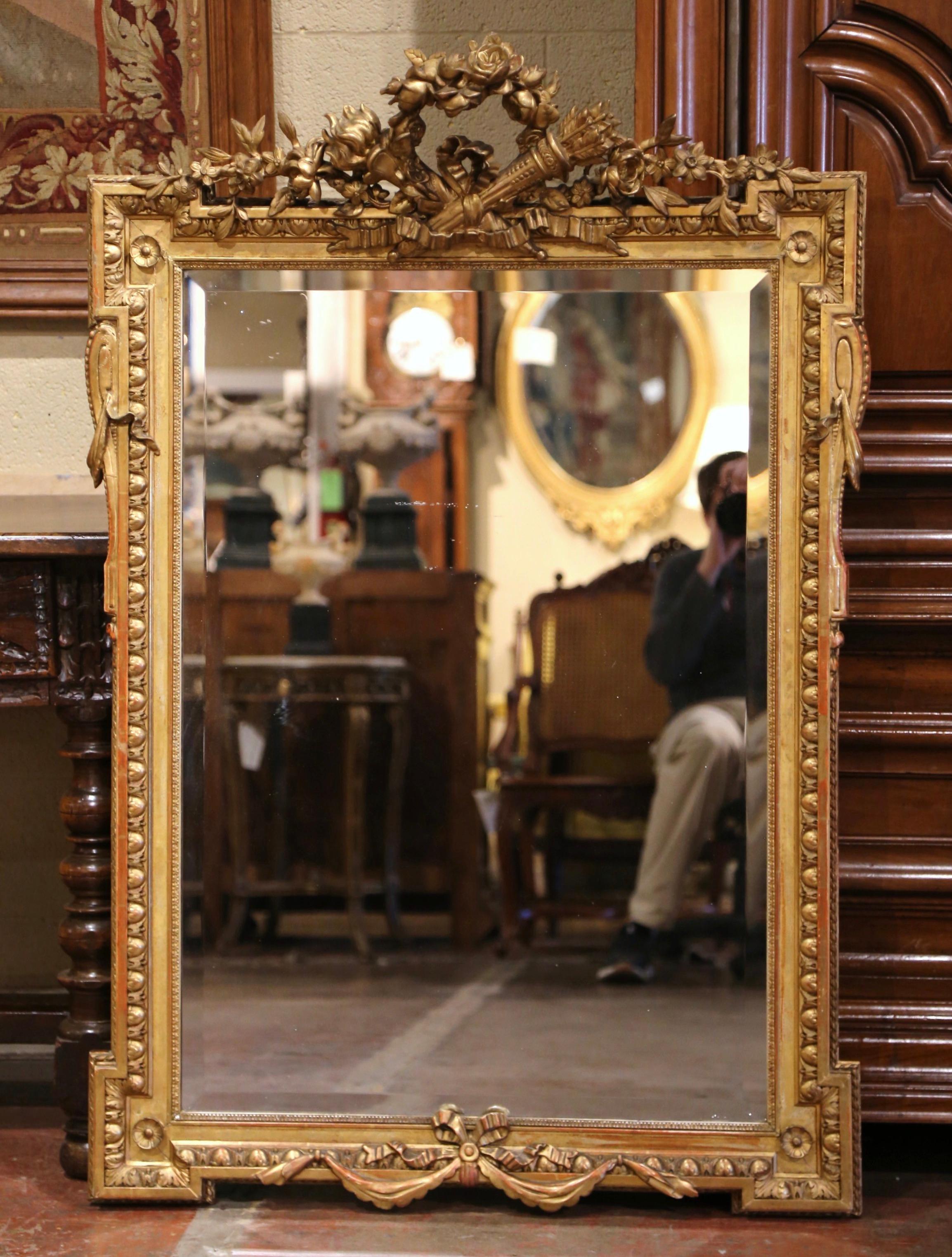 Mid-19th Century French Louis XVI Carved Giltwood Wall Mirror with Beveled Glass For Sale 1