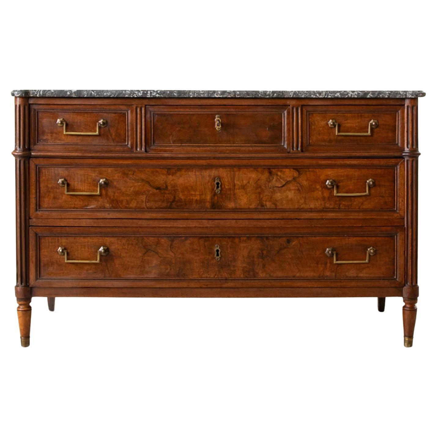 Mid-19th Century French Louis XVI Style Book Matched Walnut and Marble Chest For Sale