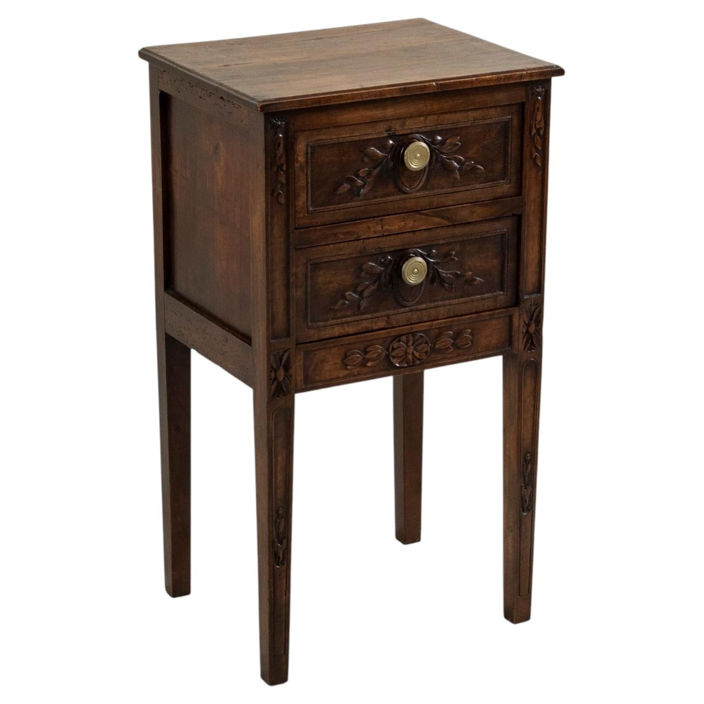 Mid 19th Century French Louis XVI Style Rustic Hand Carved Walnut Nightstand For Sale