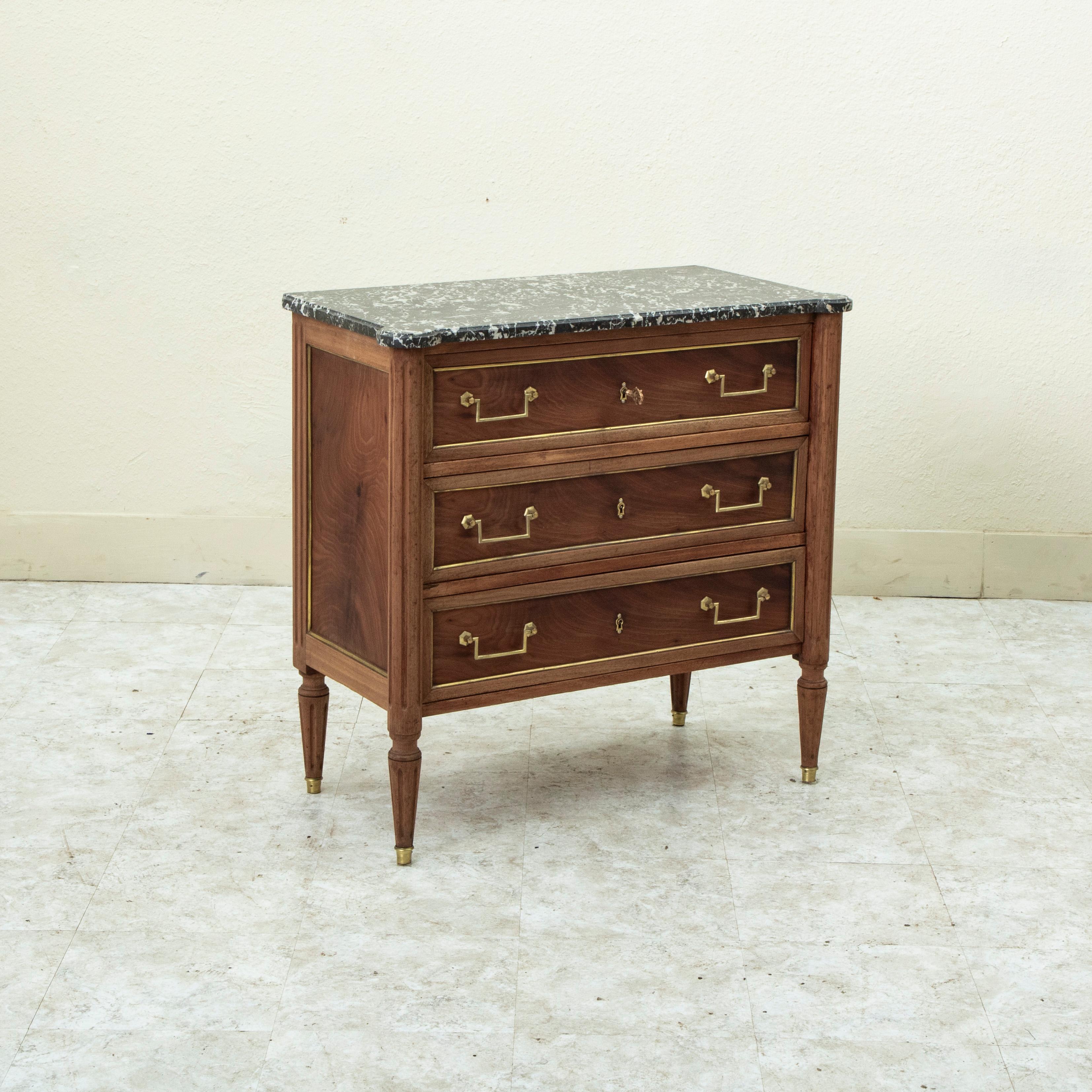 Mid-19th Century French Louis XVI Style Walnut Chest of Drawers, Marble Top In Good Condition In Fayetteville, AR