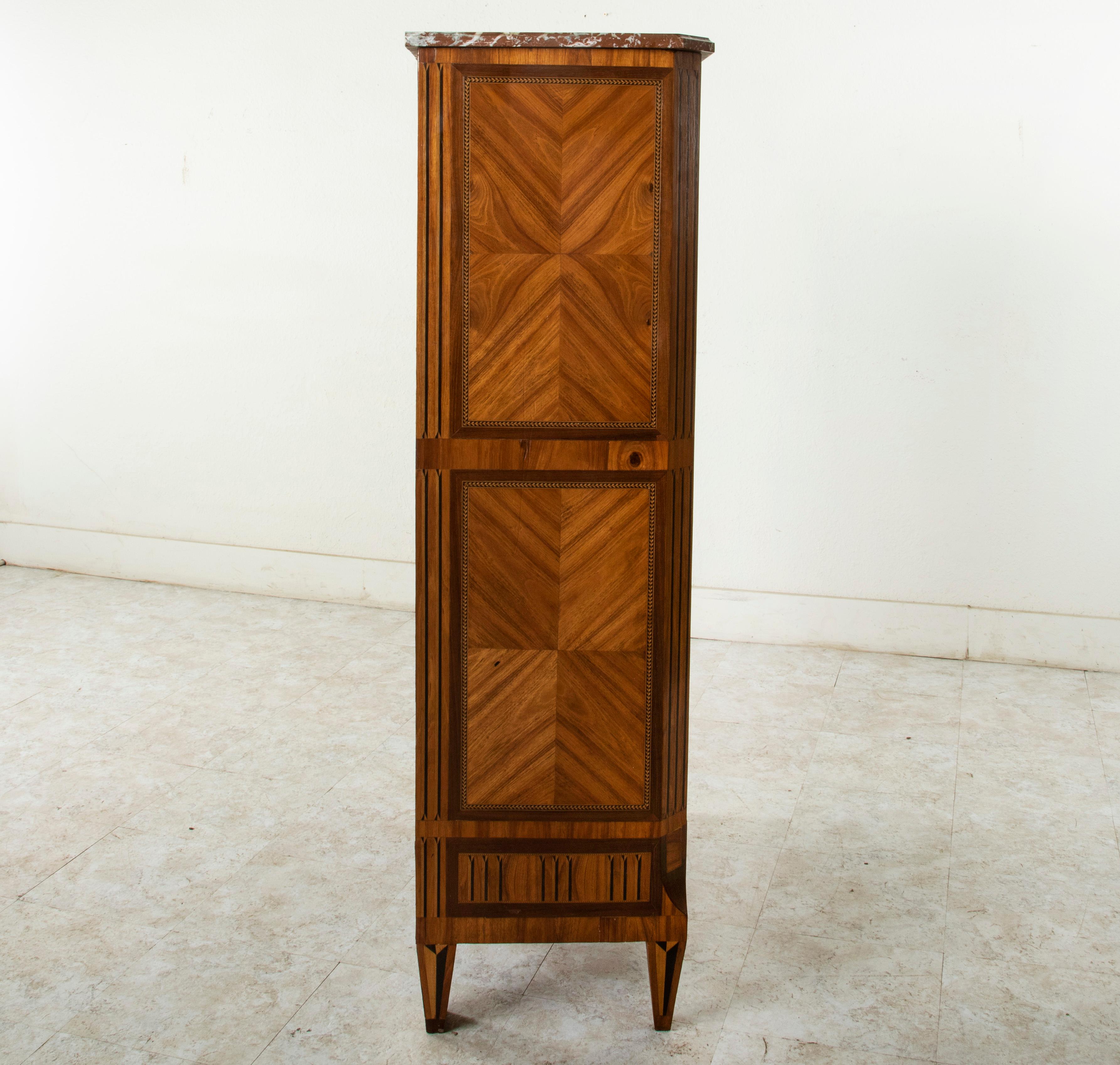 Fruitwood Mid-19th Century French Louis XVI Style Walnut Marquetry Vitrine with Marble Top