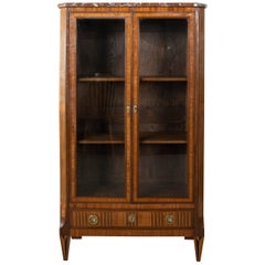 Mid-19th Century French Louis XVI Style Walnut Marquetry Vitrine with Marble Top