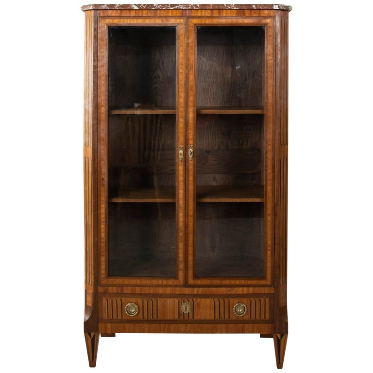Mid-19th Century French Louis XVI Style Walnut Marquetry Vitrine with  Marble Top at 1stDibs