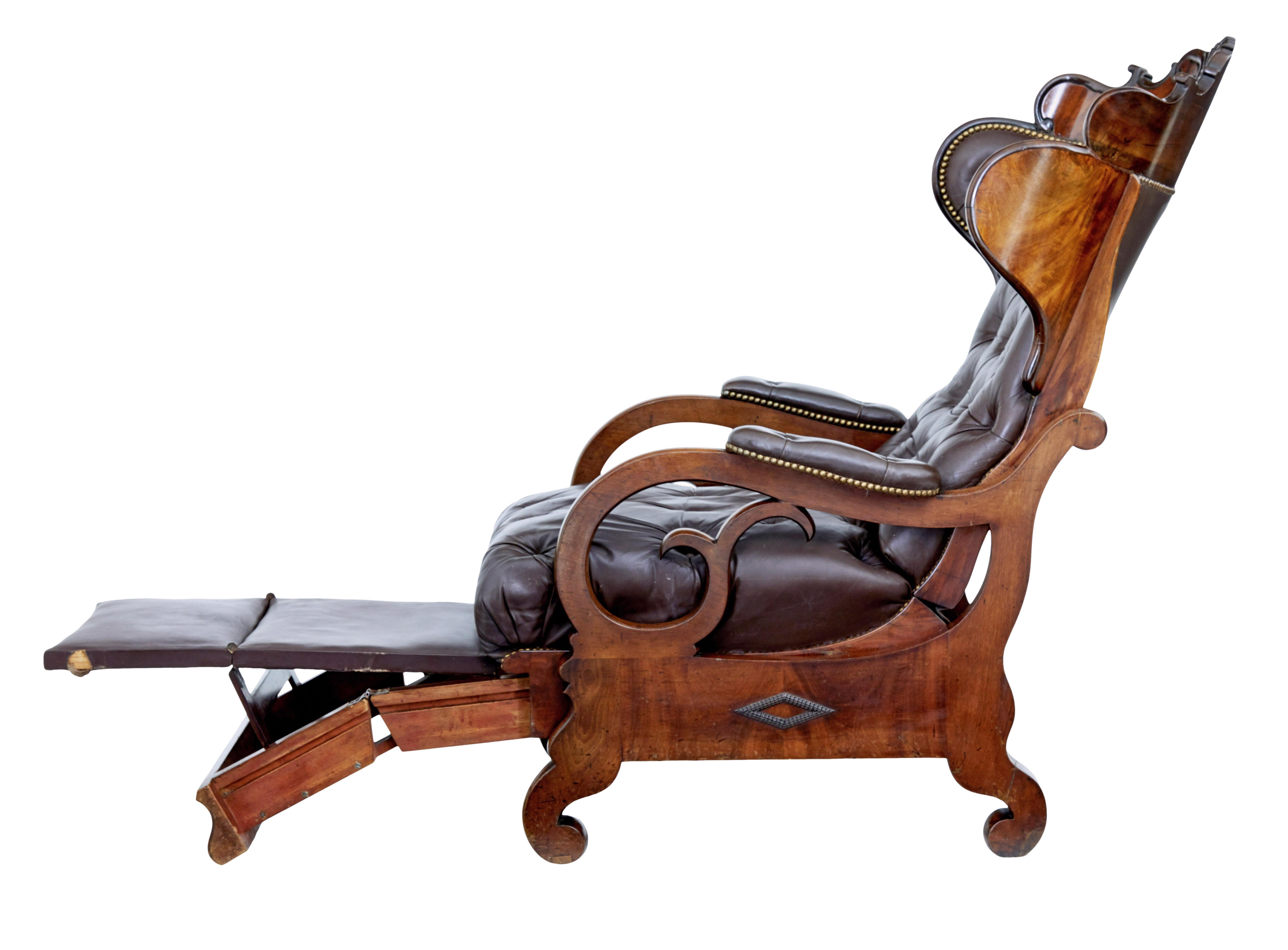Mid 19th century French mahogany and leather reclining chair For Sale 1