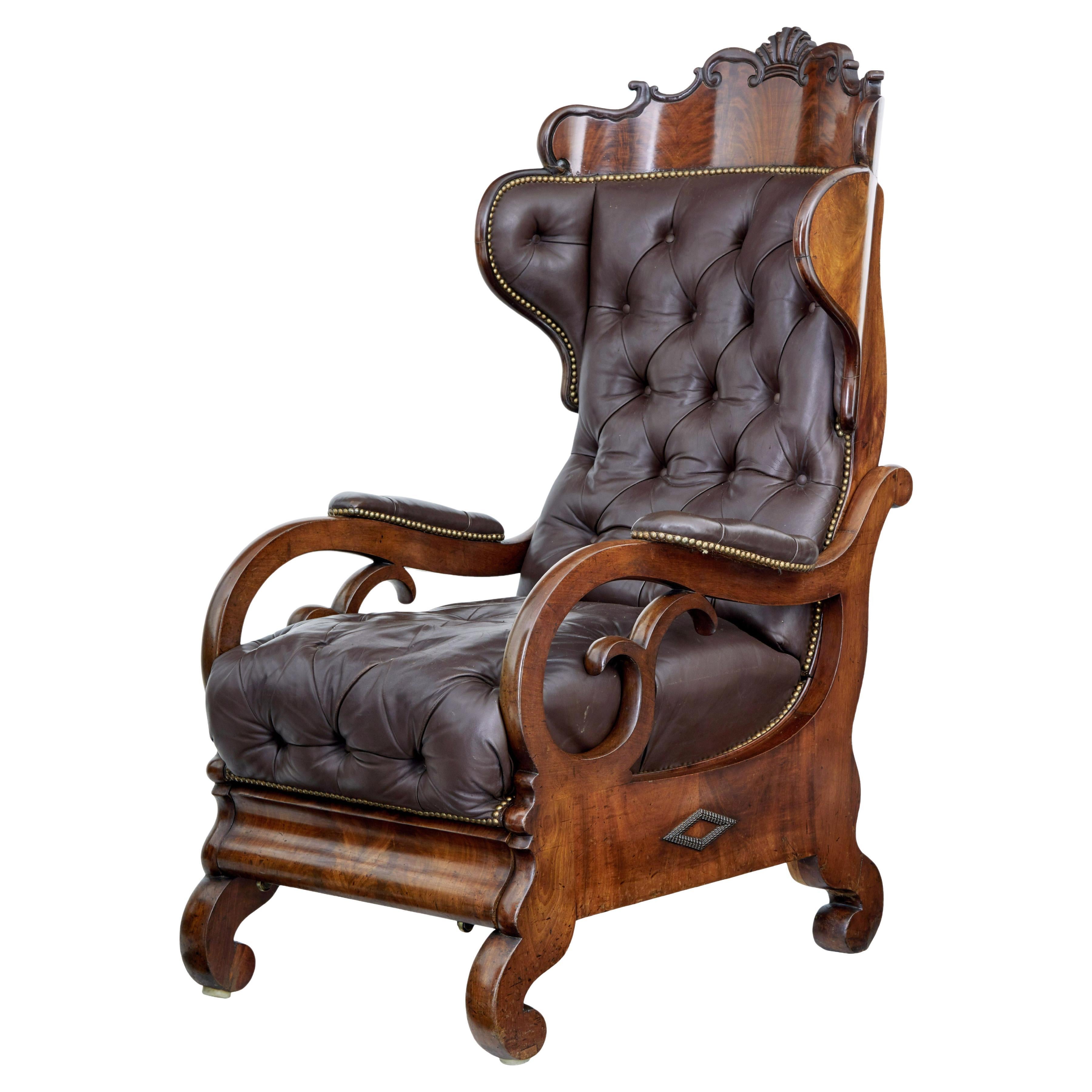 Mid 19th century French mahogany and leather reclining chair For Sale
