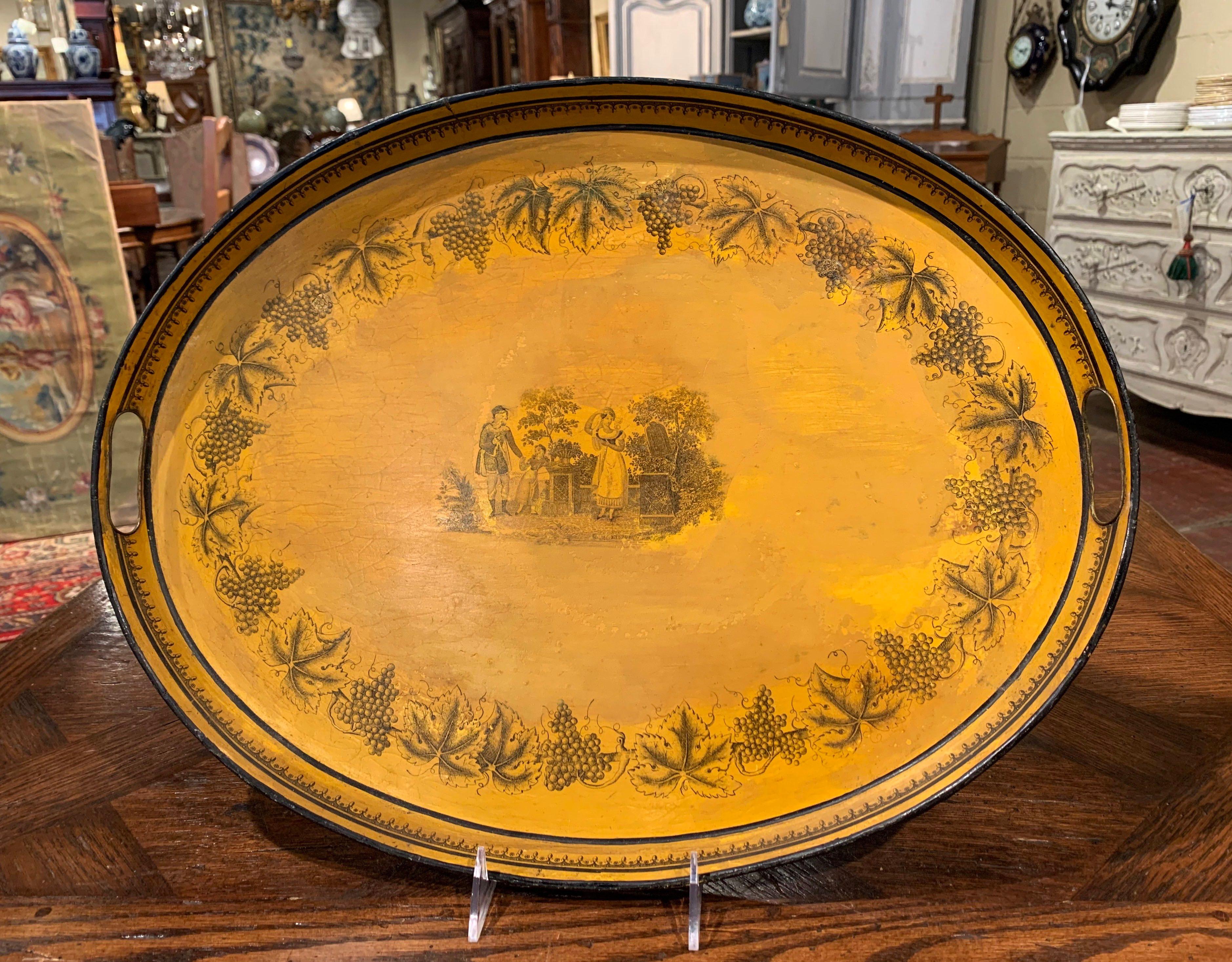 Hand-Painted Mid-19th Century French Napoleon III Hand Painted Mustard and Black Tole Tray