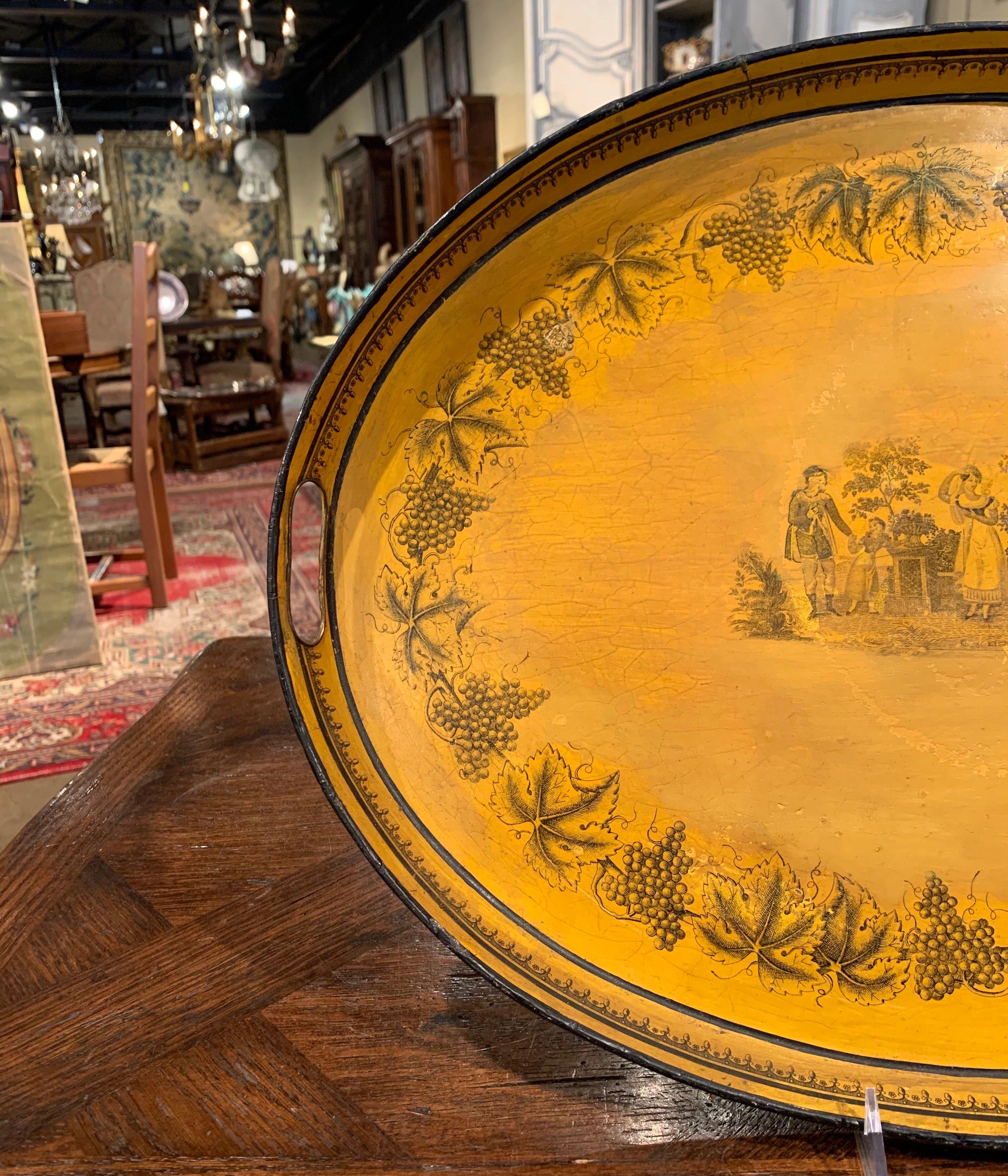 Mid-19th Century French Napoleon III Hand Painted Mustard and Black Tole Tray In Excellent Condition In Dallas, TX