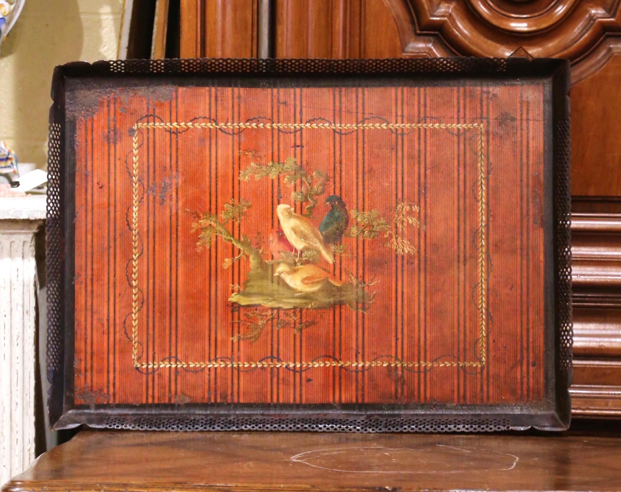 Patinated Mid-19th Century French Napoleon III Hand Painted Tole Tray with Bird Motifs