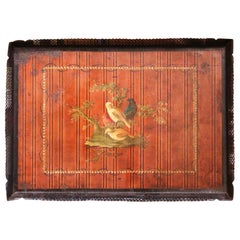 Antique Mid-19th Century French Napoleon III Hand Painted Tole Tray with Bird Motifs