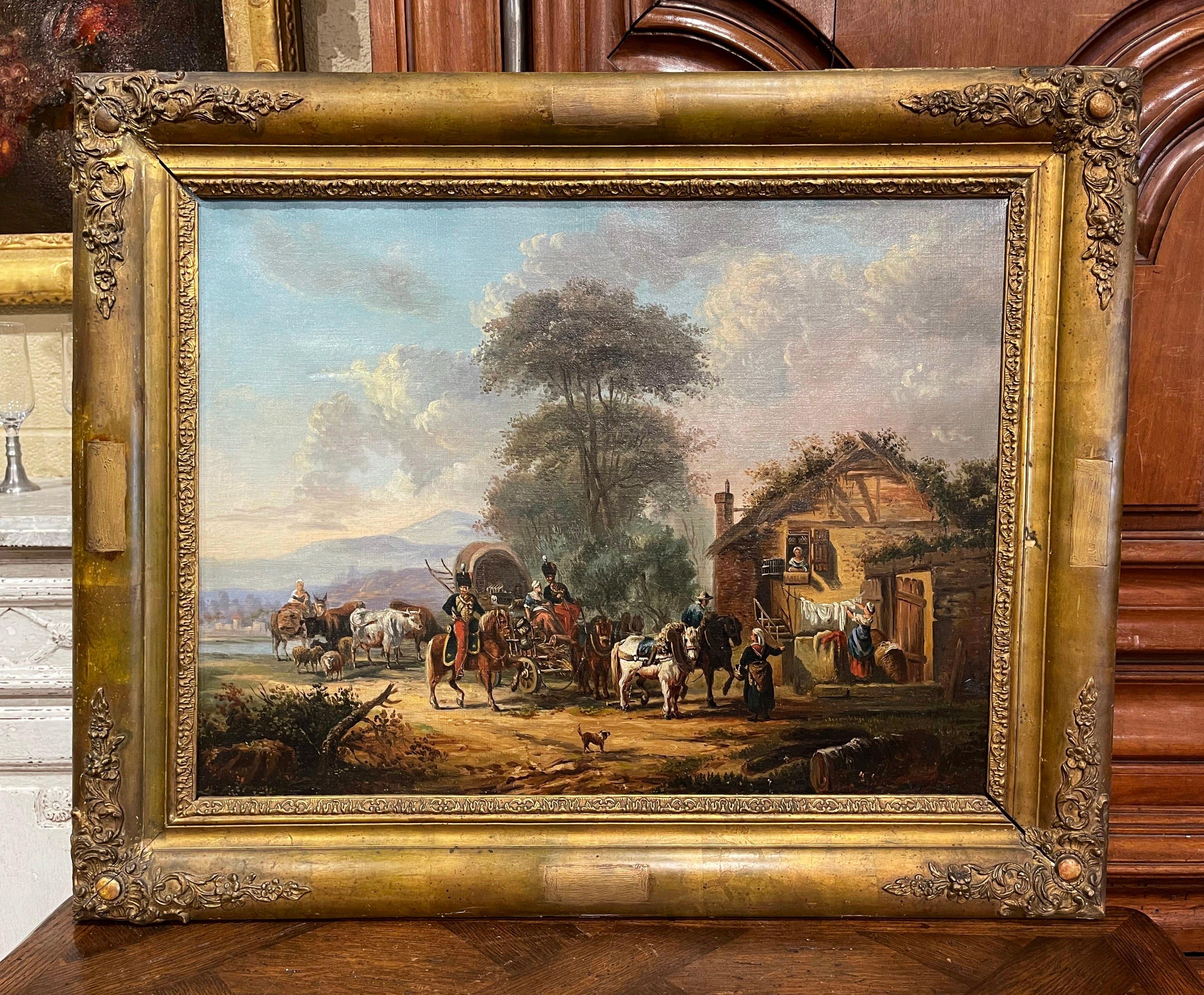 Mitte des 19. Jahrhunderts Französisch Napoleon III Öl auf Leinwand Gemälde in geschnitztem vergoldetem Rahmen im Angebot 1