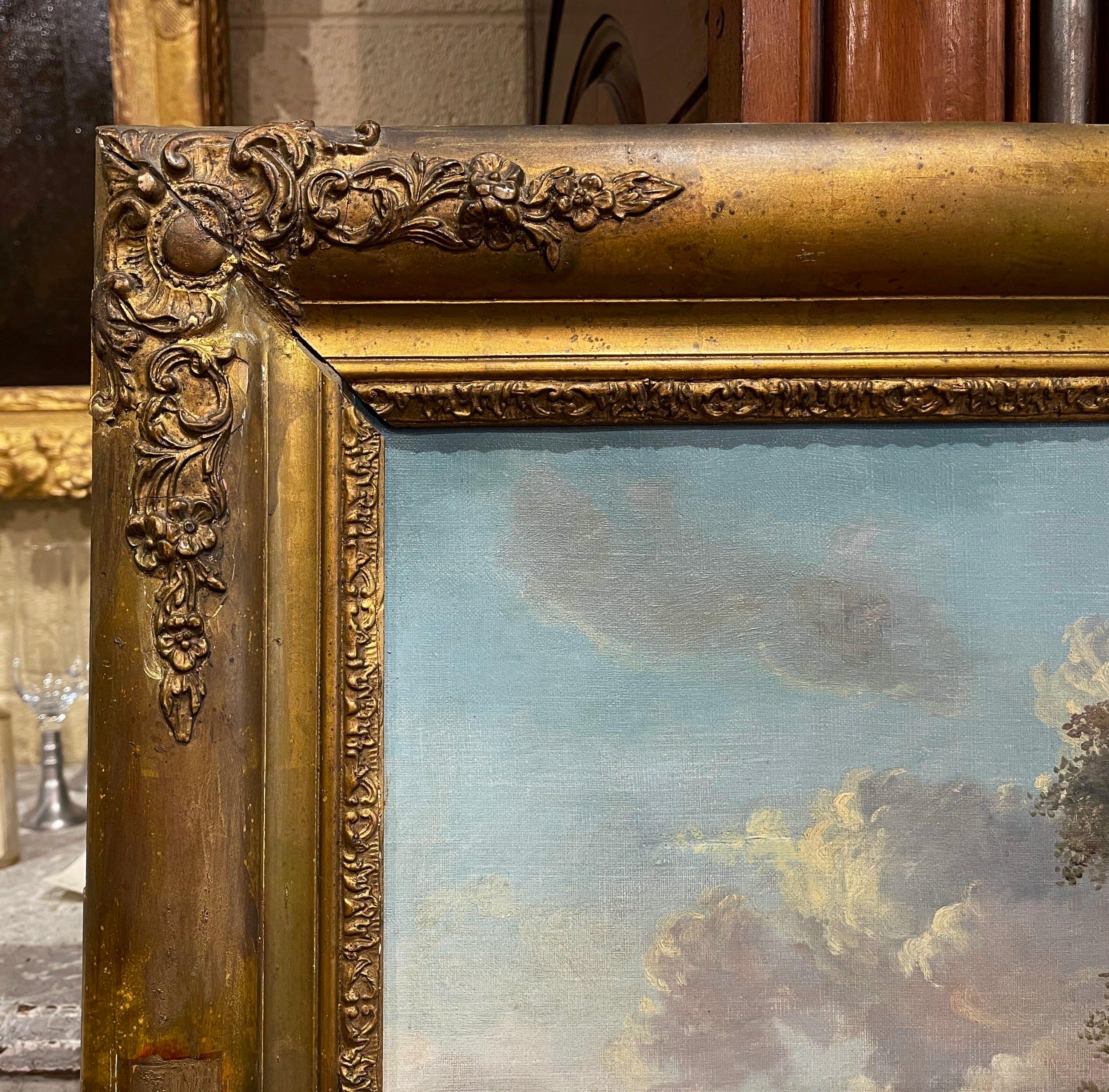 Mid 19th Century French Napoleon III Oil on Canvas Painting in Carved Gilt Frame For Sale 4
