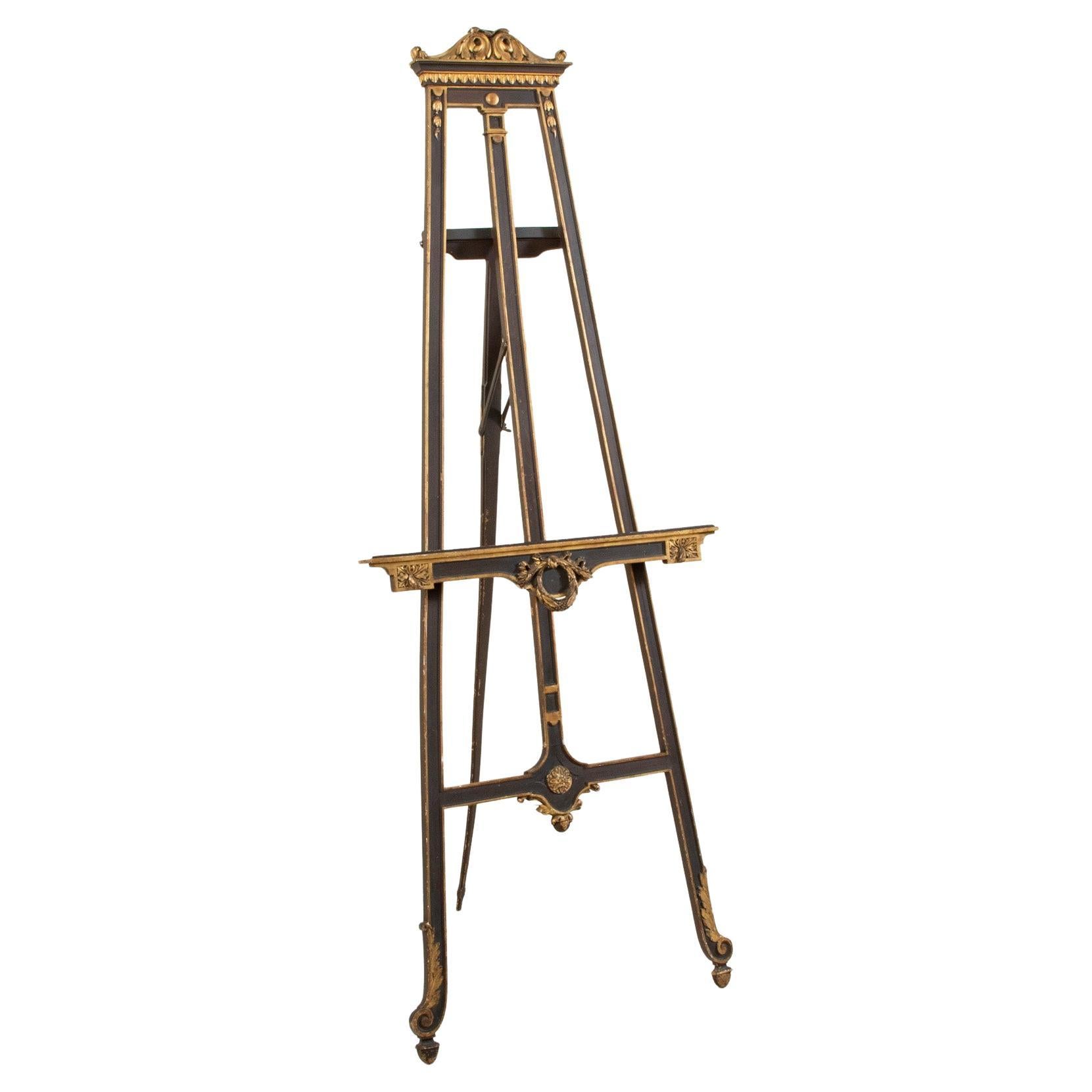 Cavalletto da terra della metà del XIX secolo in Francia, periodo Napoleone III, dipinto in nero e oro