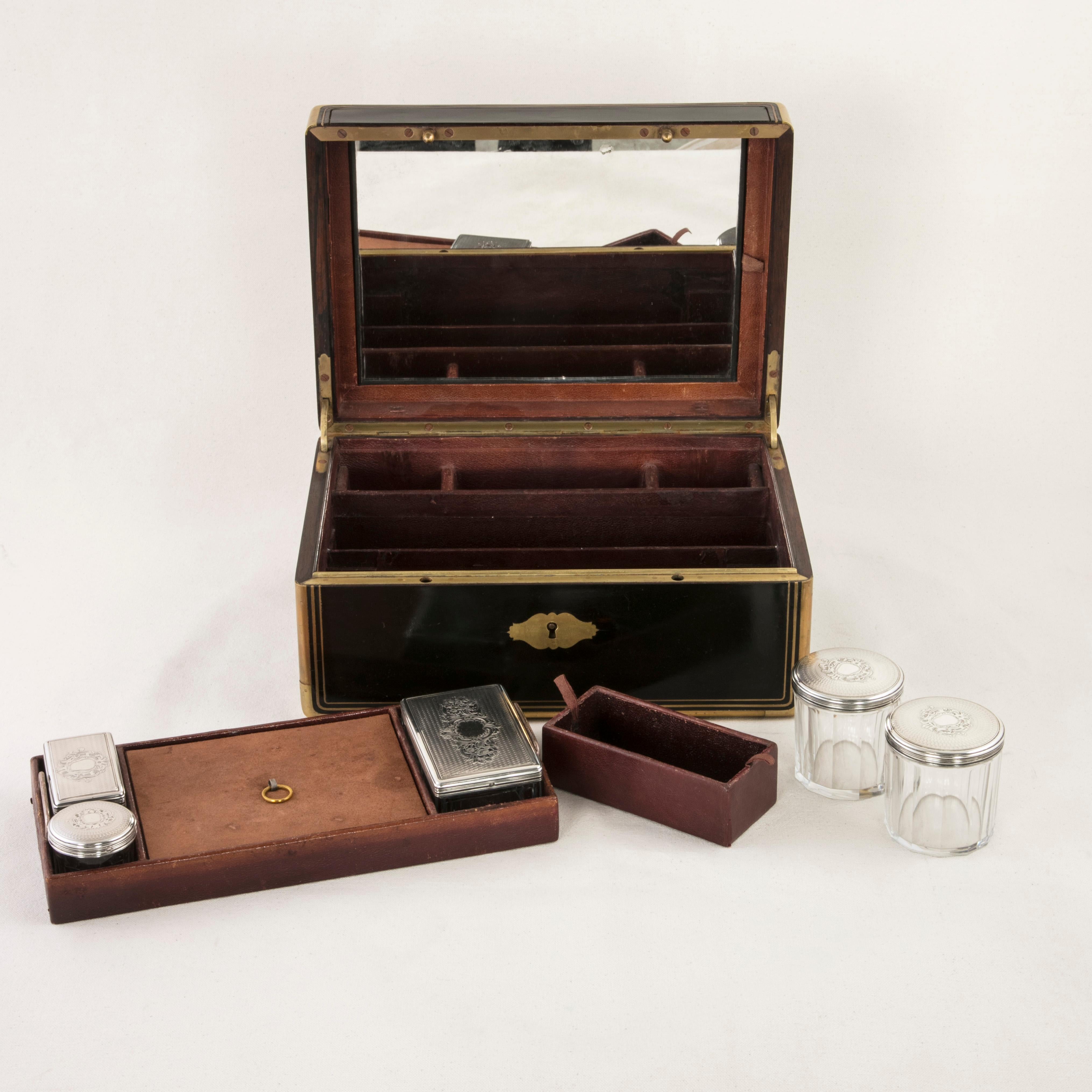 Mid-19th Century French Napoleon III Period Vanity Box, Silver, Crystal Bottles 6