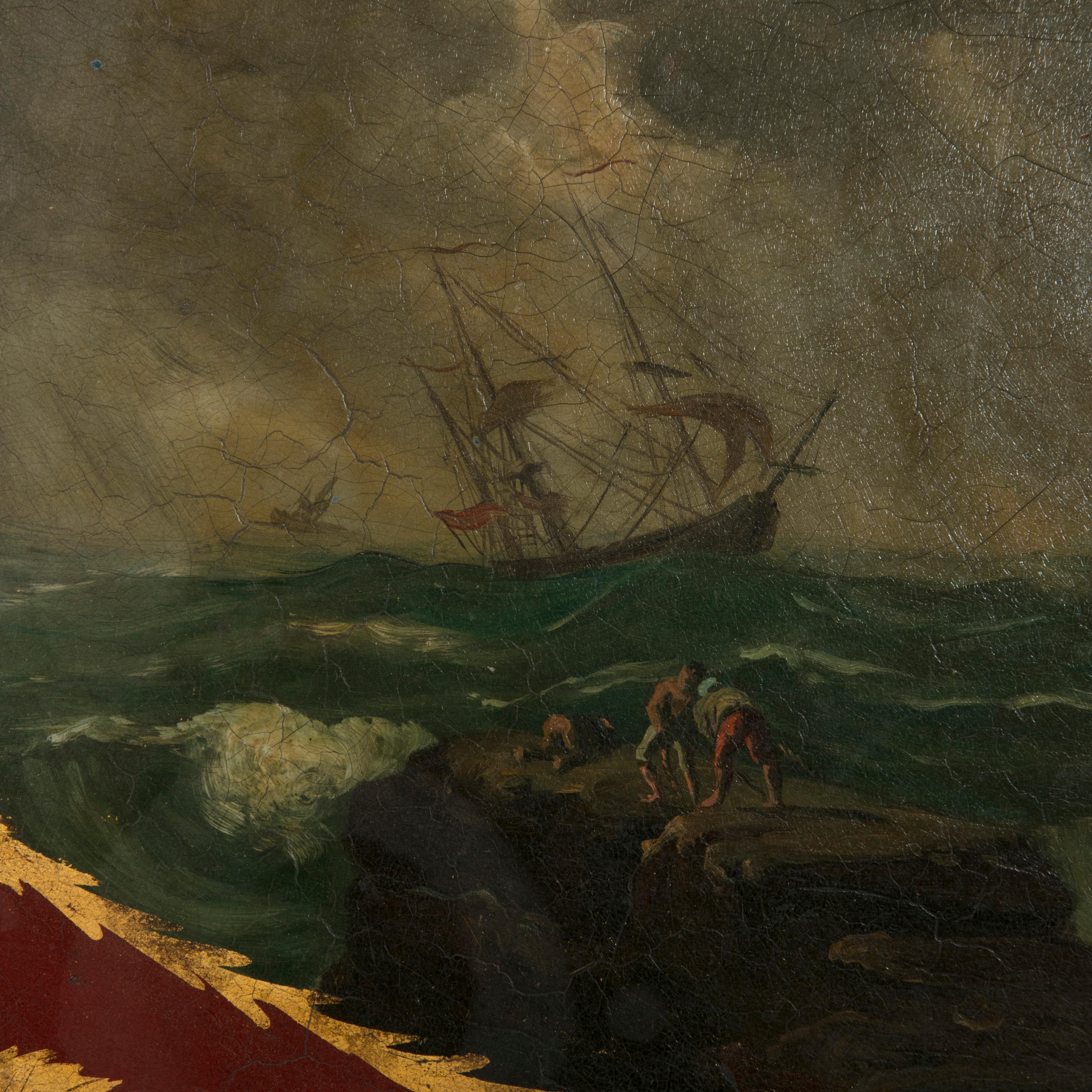 Mitte des 19. Jahrhunderts Französisch Napoleon III Rot und Gold Tole Tablett mit Marine-Szene im Zustand „Gut“ im Angebot in Fayetteville, AR