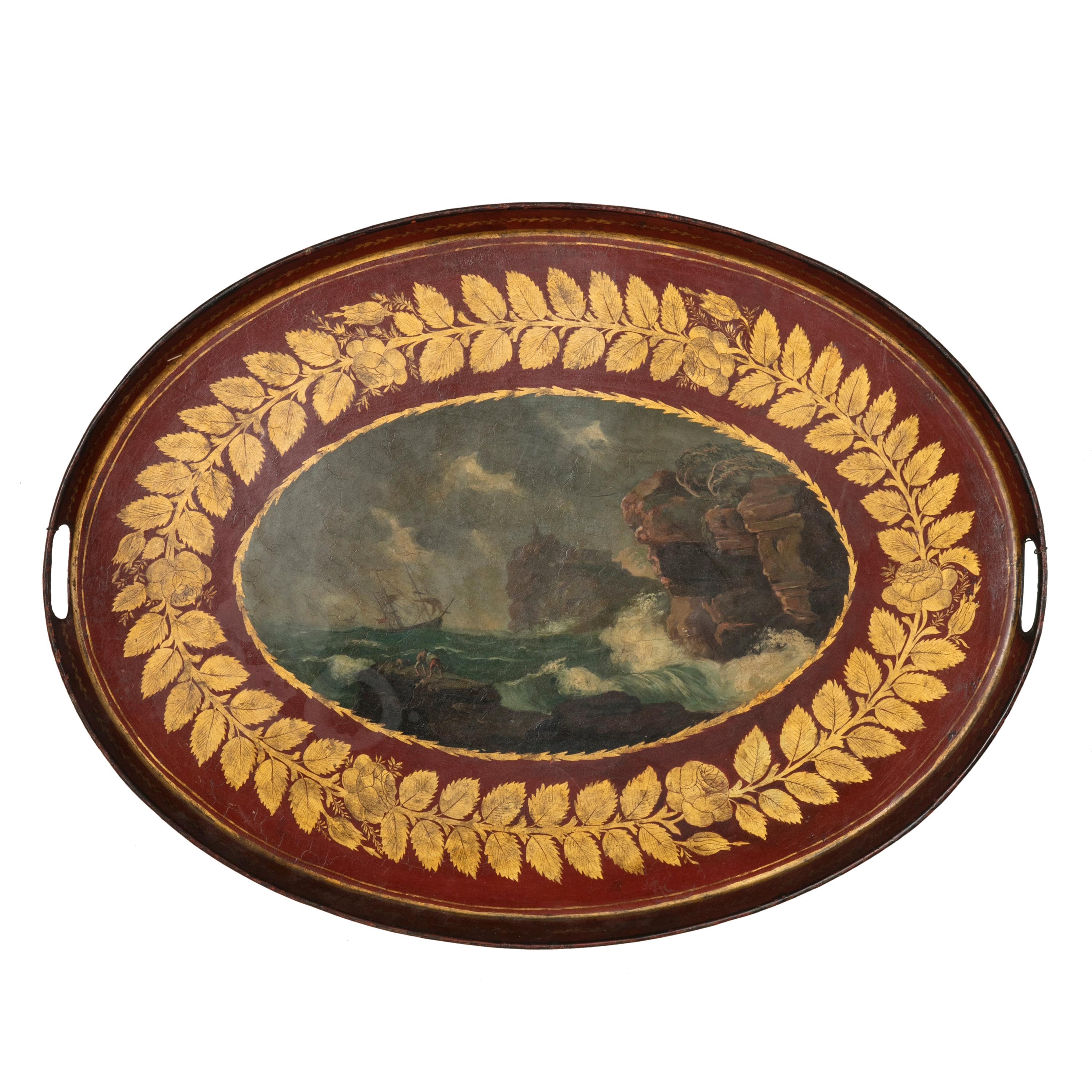Mitte des 19. Jahrhunderts Französisch Napoleon III Rot und Gold Tole Tablett mit Marine-Szene im Angebot