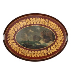 Antique Mid-19th Century French Napoleon III Red and Gold Tole Tray with Marine Scene