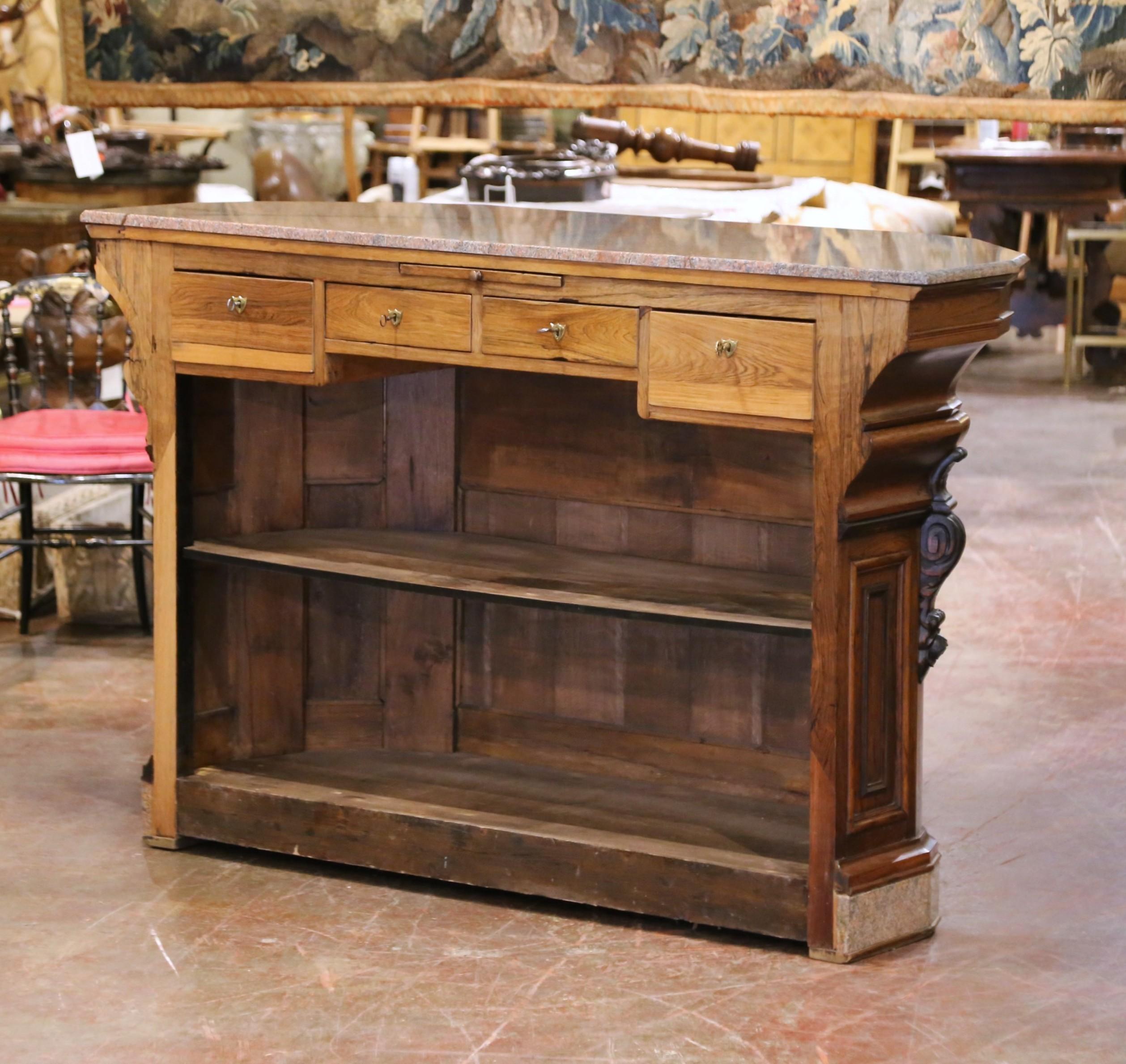Hand-Carved Mid-19th Century French Neoclassical Carved Oak Bar Counter with Granite Top For Sale