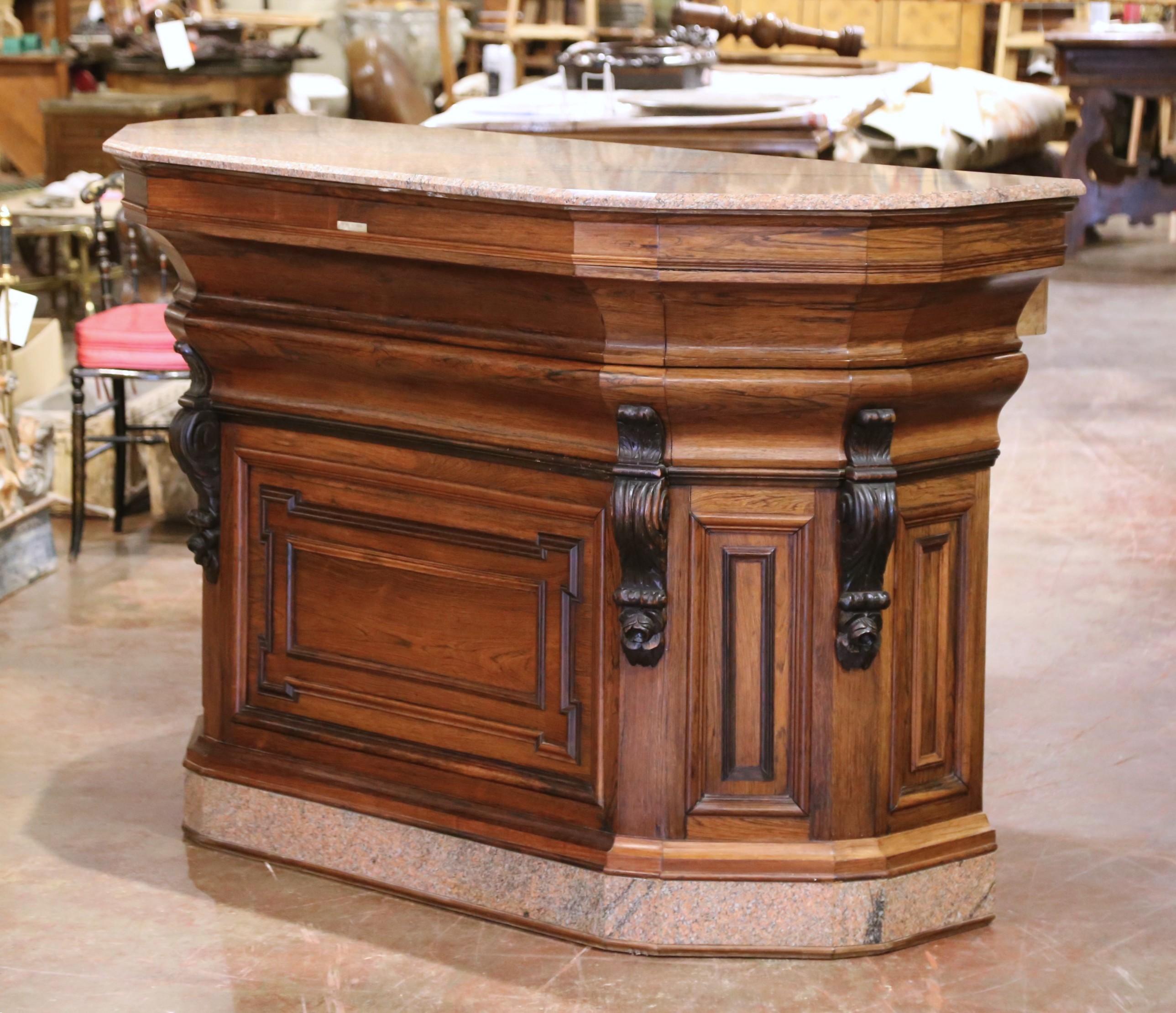 Mid-19th Century French Neoclassical Carved Oak Bar Counter with Granite Top In Excellent Condition For Sale In Dallas, TX